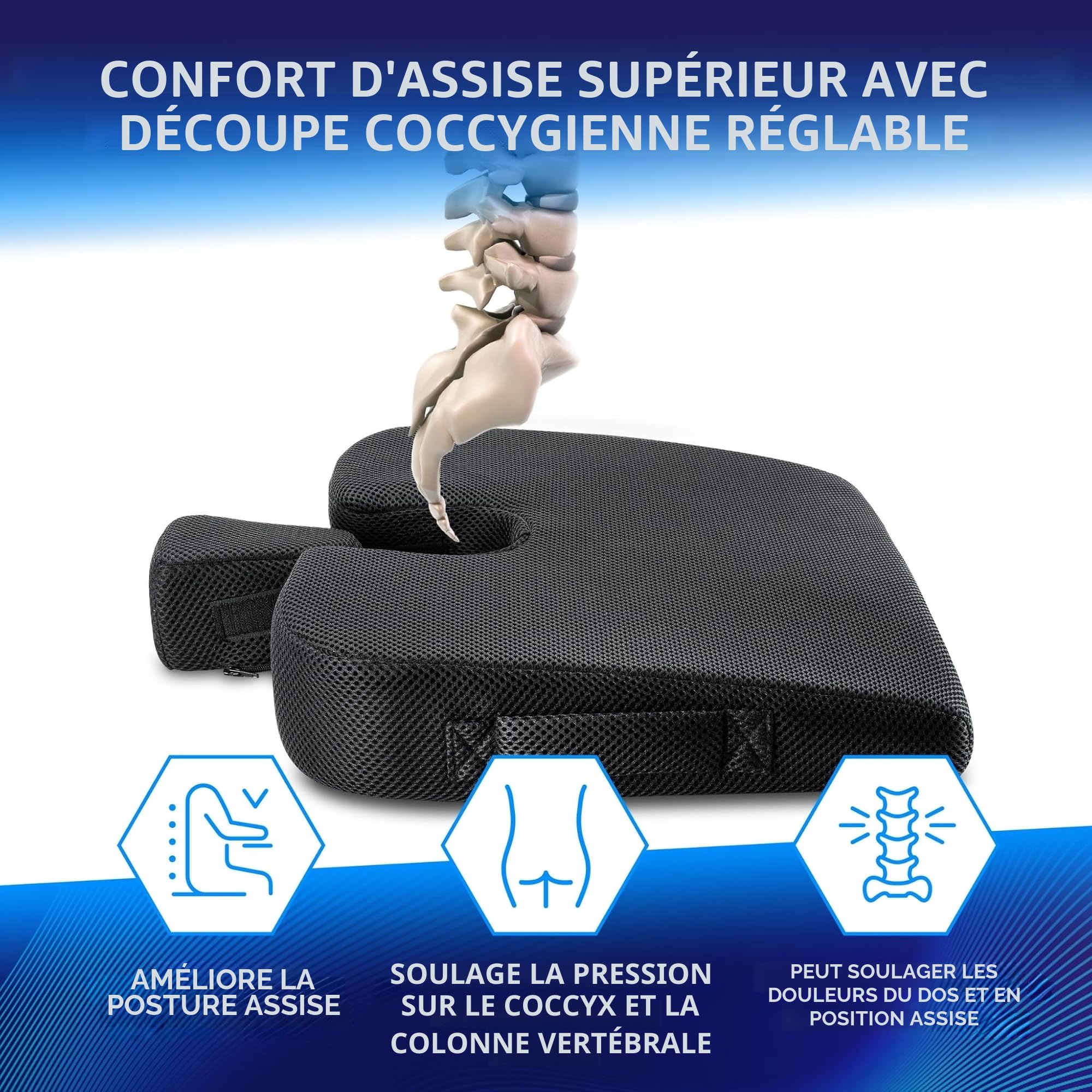 Healthfix® Coussin cale de voiture - Coussin de siège orthopédique ergonomique antidérapant et lavable - Mousse à mémoire de forme - Dureté - Doux (45-70 kg)