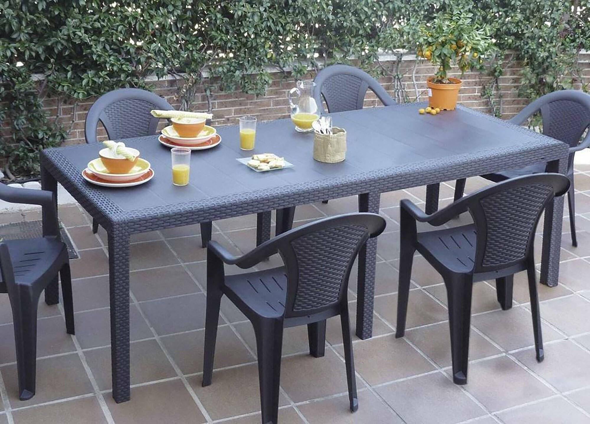 Dmora - Außentisch Roma, ausziehbares rechteckiges Esszimmerregal, ausziehbarer Gartentisch mit Rattan-Effekt, 100 % Made in Italy, 150/220 x 90 x 72 cm, Anthrazit