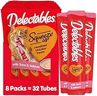 Hartz Delectables Squeeze Up Tuna & Salmon Lickable Wet Cat Treats - Interactive Hydrating Snacks for Adult & Senior Cats, 32 Tubes