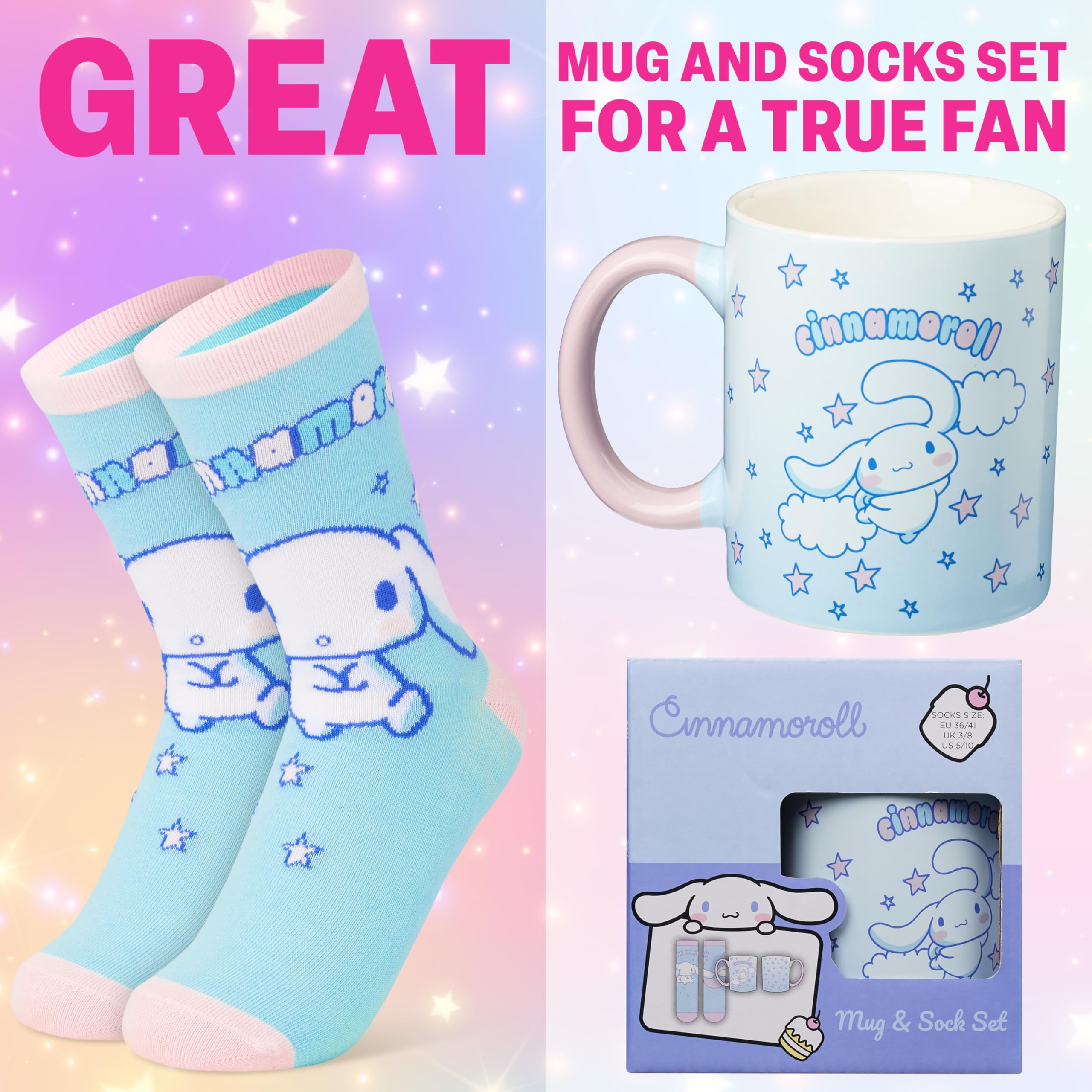 Get Trend Hello Kitty Cinnamoroll Tasse und Socken Damen Teens, 340ml/11.5oz Keramik Kaffeebecher, Weich Kuschelsocken 36–41 Größe, Sanrio Geschenke für Frauen (Blau Cinnamoroll)