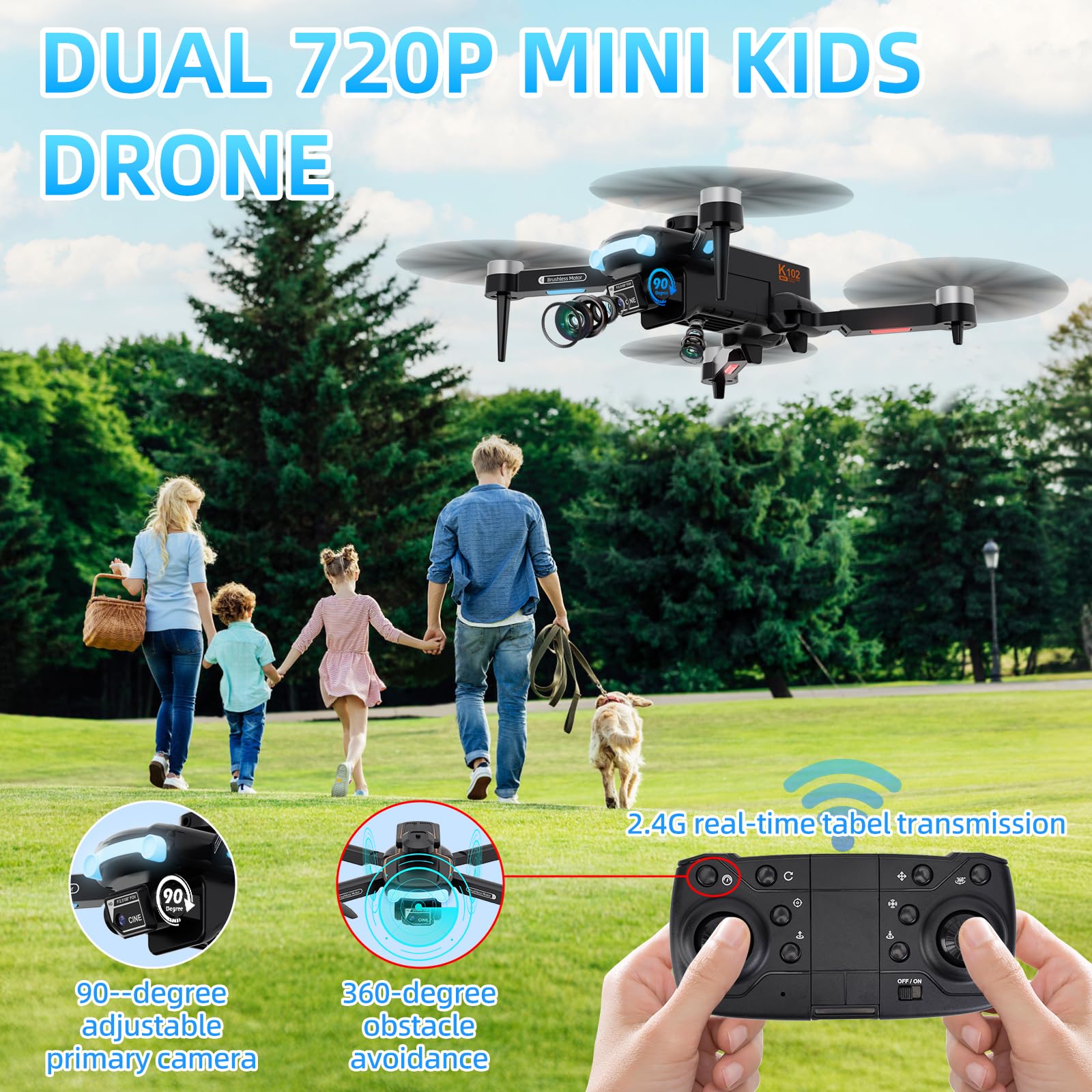 Drone Con 720P Telecamera per Bambini Motore Brushless,Drone per Bambini Principianti, Posizionamento del Flusso Ottico,Evitamento Degli Ostacoli,Modalità Senza Testa,2 Batterie