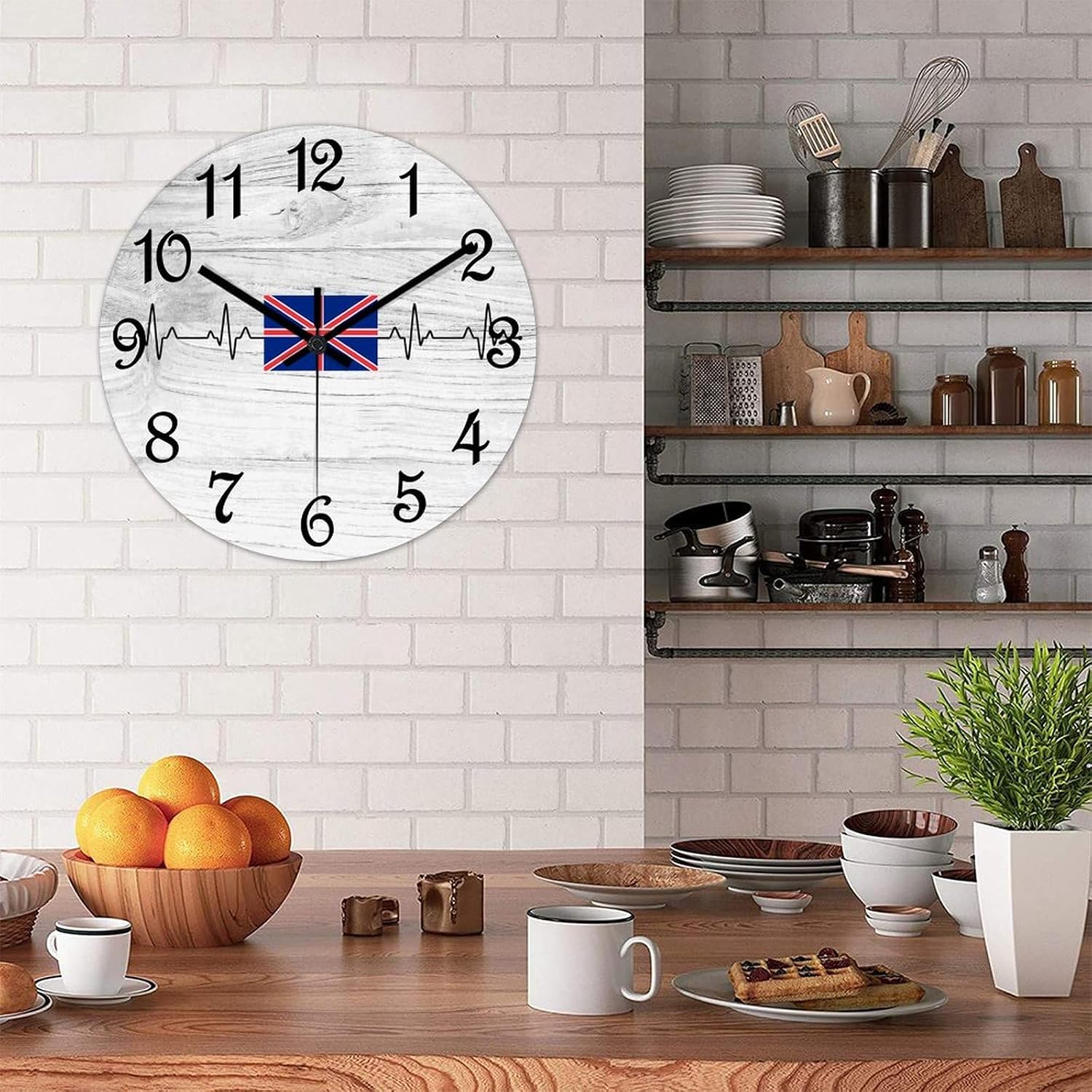 Decorative Wall Clock United Kingdom Flag Heartbeat Wall Clock United Kingdom Wooden Clocks Silent Battery Operated 15 Inch Shabby Chic Retro Round Clock for Kitchen Bedroom Office
