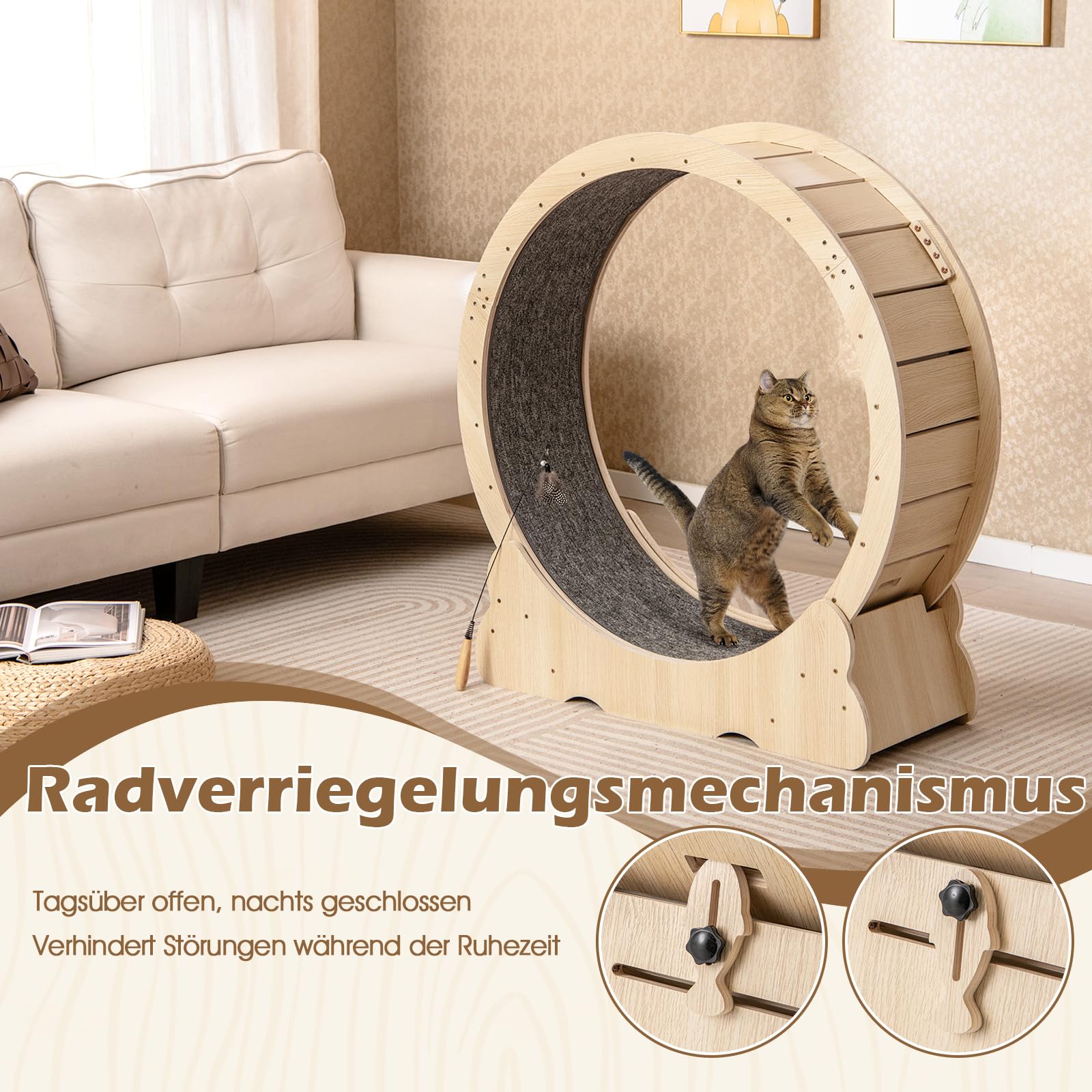 COSTWAY Katzenlaufrad, 101 cm Innendurchmesser, Laufrad Katzen mit abschließbarem Mechanismus & Kratzmatte, Ultra-leiser, Katzenrad Trainingsrad, für große Katzen bis 20 kg, Holz, Natur