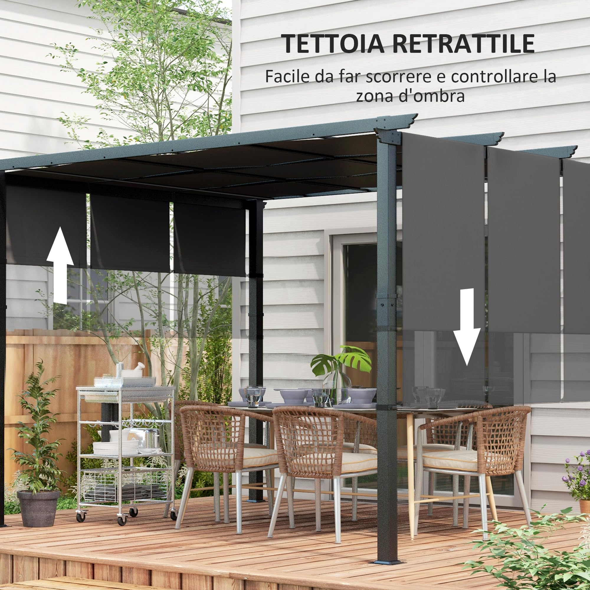 Outsunny Pergola da Giardino 3x3.5 m Acciaio Poliestere Anti UV Grigio Scuro