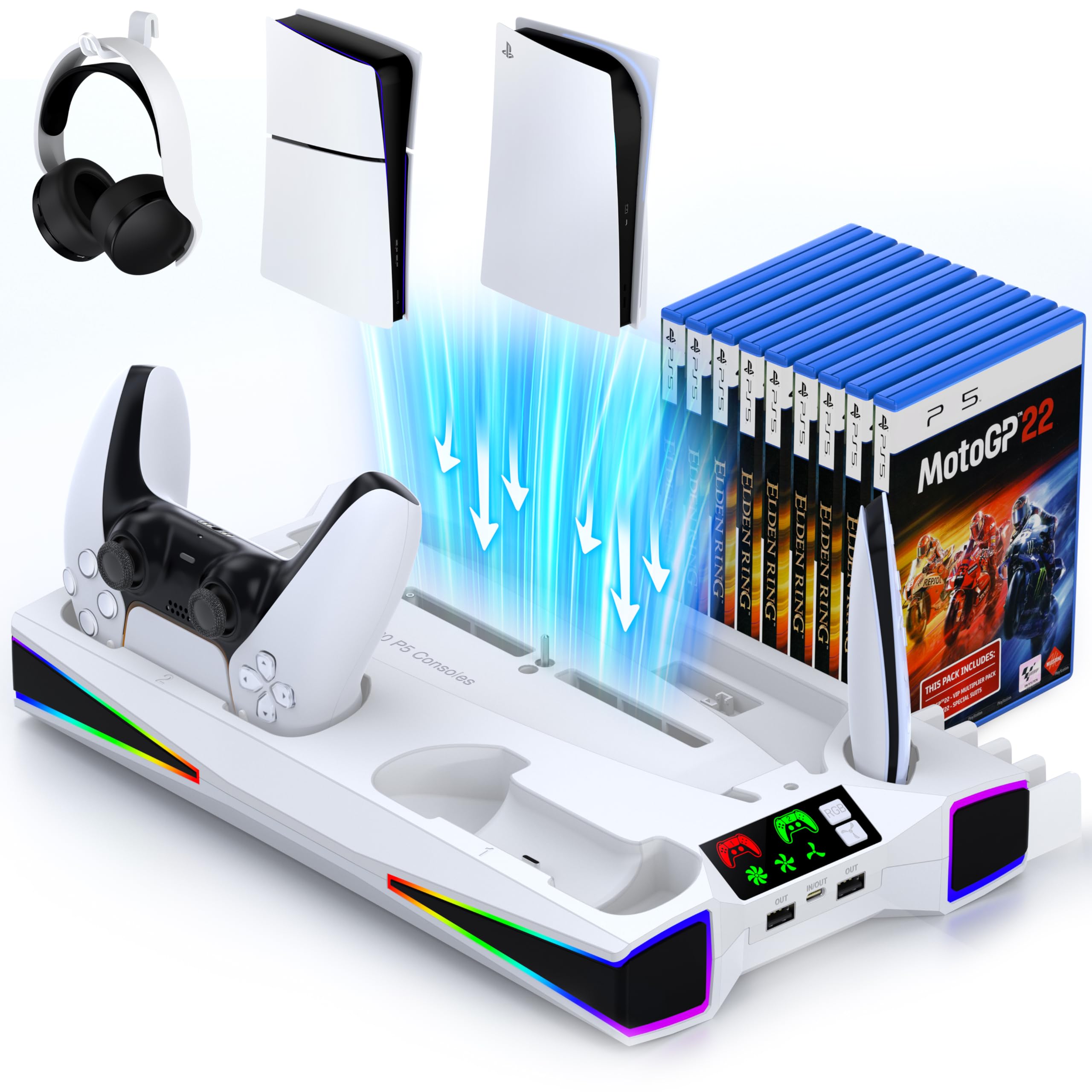 PS5 Ständer mit Automatisch Einstellbarer 3-Stufen-Lüfter für PS5 Controller Ladestation/Kopfhörerhaken, PS5 Slim Standfuß Zubehör mit RGB-Lichteffekte für PS5 Slim Disc & Digital Konsole, Weiß