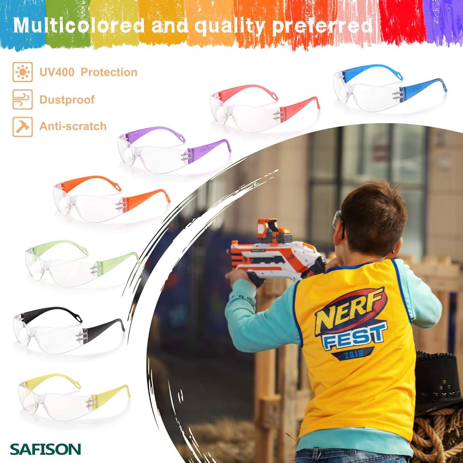 28 Pack Kids Safety Glasses, ANSI Z87.1 Child Size Protective Goggles in 7 Colors, Scratch and Impact Resistant Clear Lens Eyewear with Color Frame for Nerf Party/Science/School Projects - Image 2
