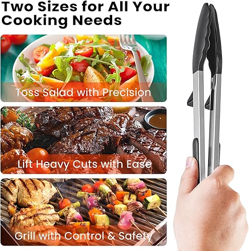 Miniatura 6 de Pinzas de comida de 2 piezas para cocinar, pinzas de cocina de acero inoxidable de 9 y 12 pulgadas con puntas de silicona y soporte integrado,