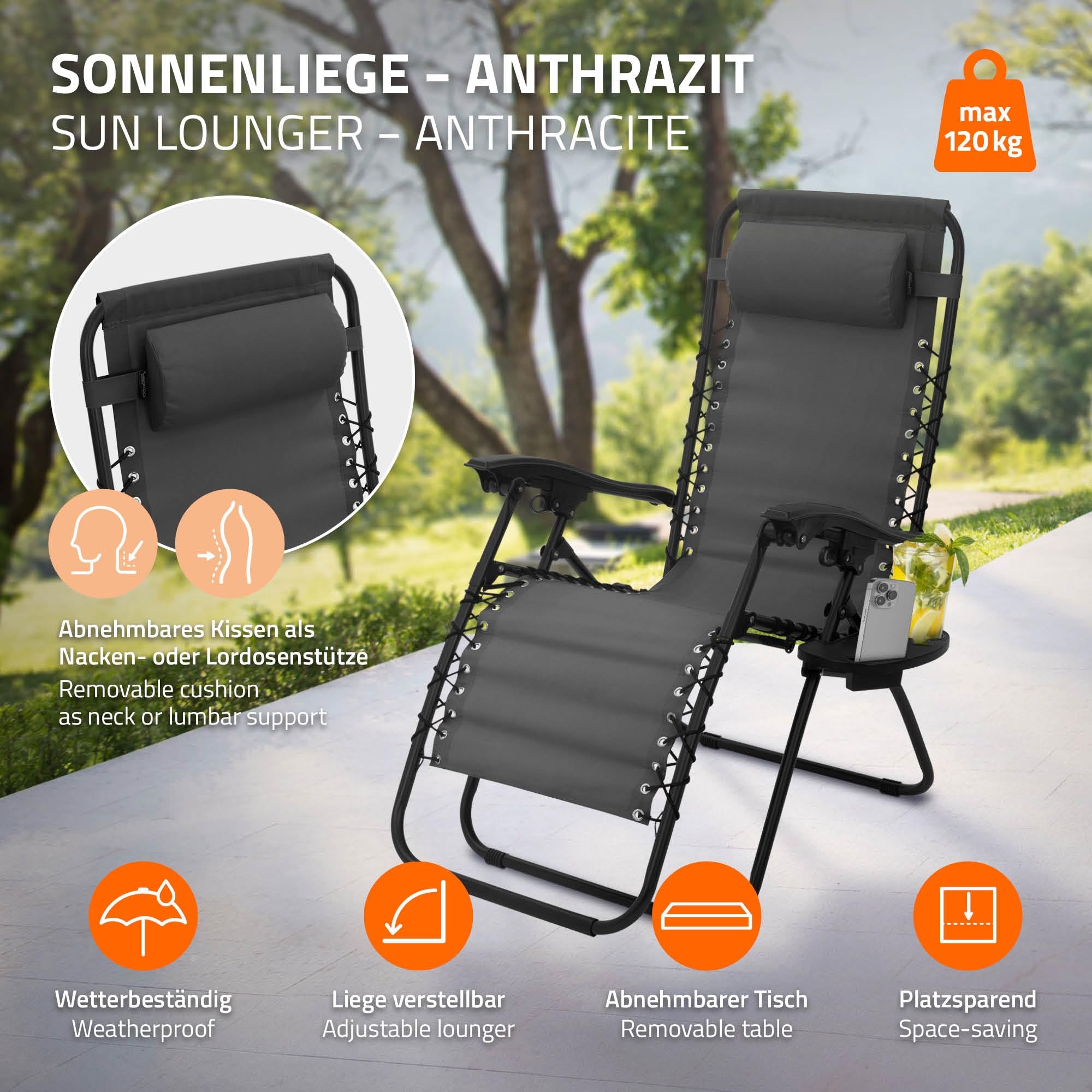 ML-Design Sedia a Sdraio da Giardino Tessuto Oxford 600D Antracite Reclinabile Portabevande e Scomparto per Telefono Cuscino Incluso Telaio in Acciaio Lettino Gravità Zero da Spiaggia con Braccioli