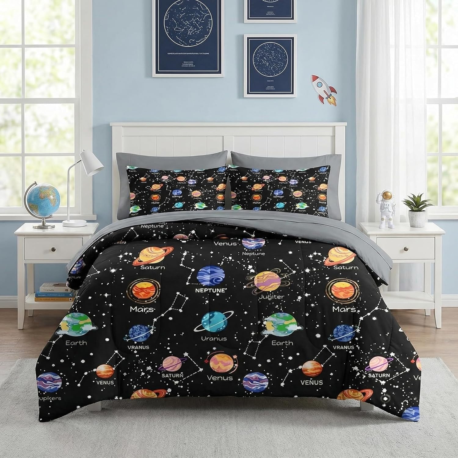 Genérico Edredon Cama 135 Planetas Edredón Nordico Adulto sin Funda Reversible Espacio Estampado Suave Ligero Transpirable Duvet 220x220 cm Incluye 2 Fundas de Almohada 50x75 cm YUd1396