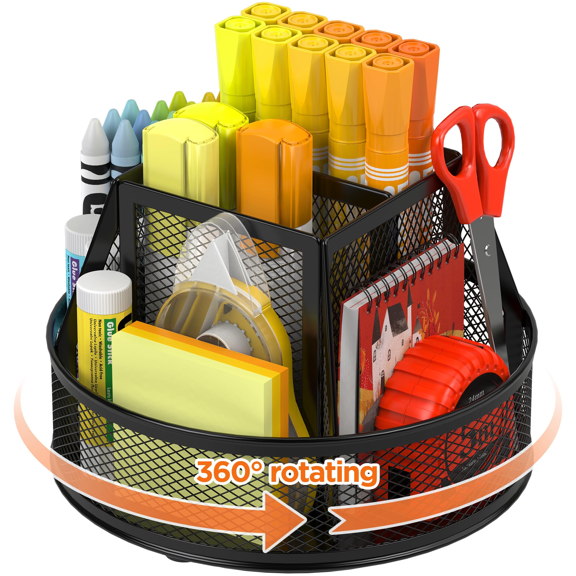 Docnest Organizer da scrivania girevole a 360°, portapenne a 6 scomparti, nero | Supporto in metallo resistente con divisorio rimovibile. Contenitore salvaspazio per matite, forbici e pennarelli