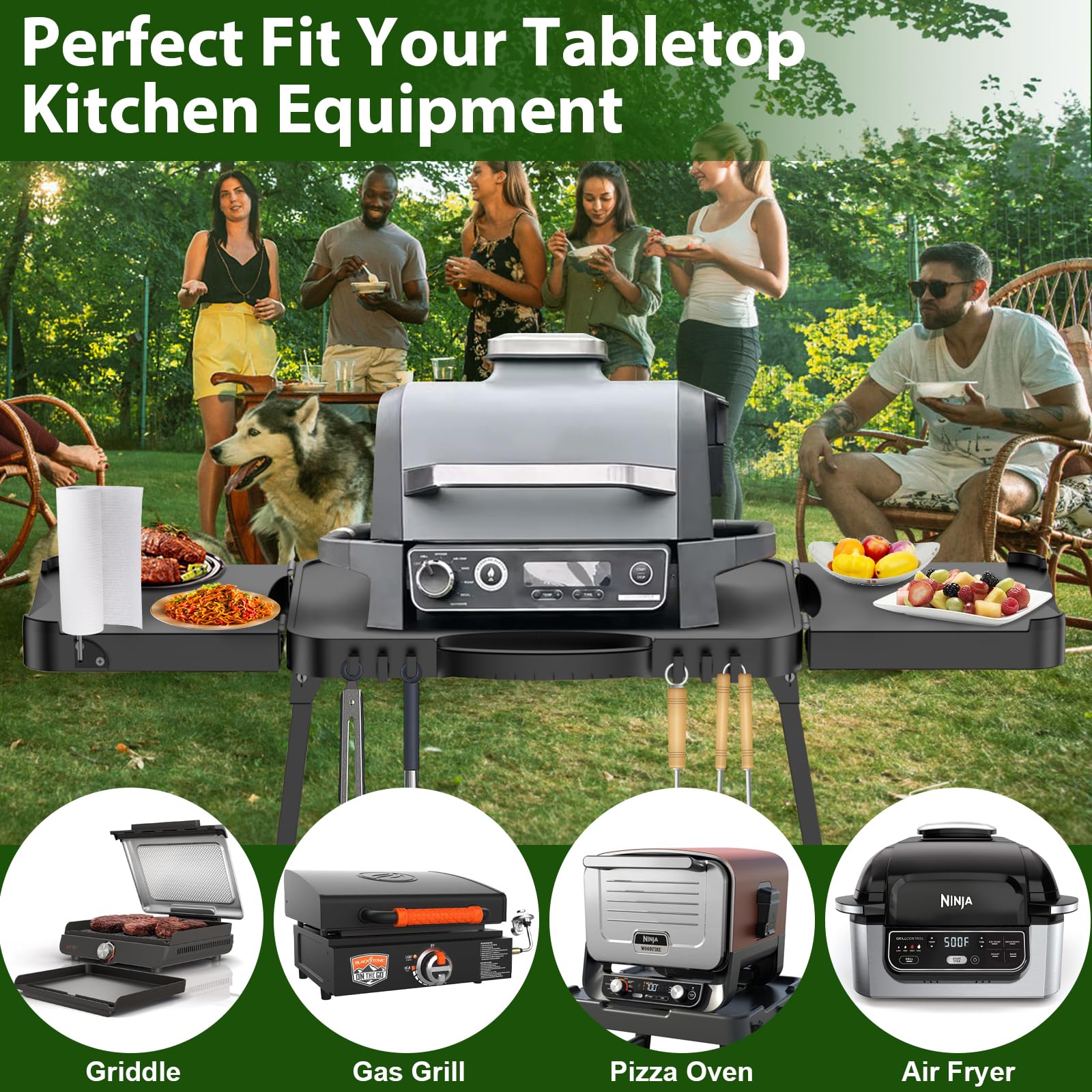 GFTIME Faltbarer Outdoor-Grillwagen für Enders Urban, Weber Q100/Q200/Q300, Ninja Woodfire, Burnhard Wayne mit großer Arbeitsfläche