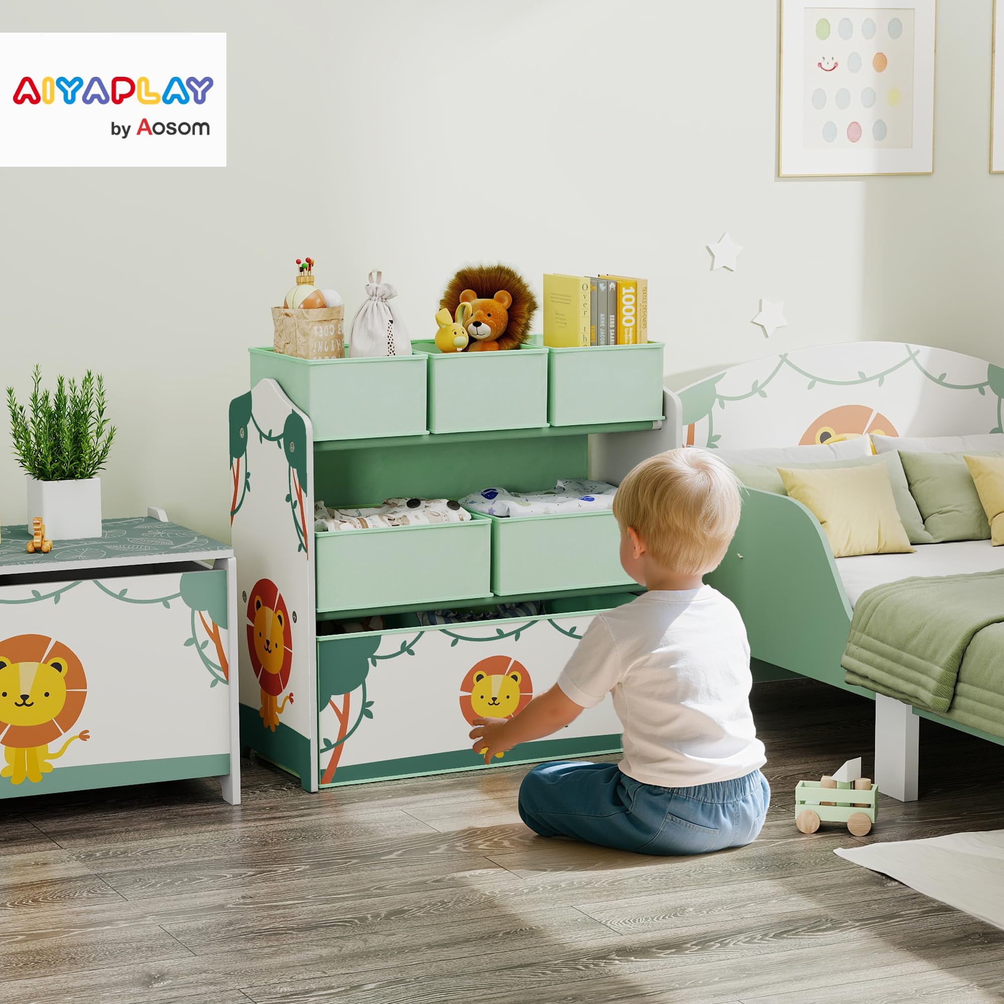 AIYAPLAY Mobile portaoggetti per bambini a 3 livelli, scaffale portaoggetti per giocattoli per bambini con 6 scatole in tessuto rimovibili, per cameretta dei bambini, sala giochi, asilo nido, verde