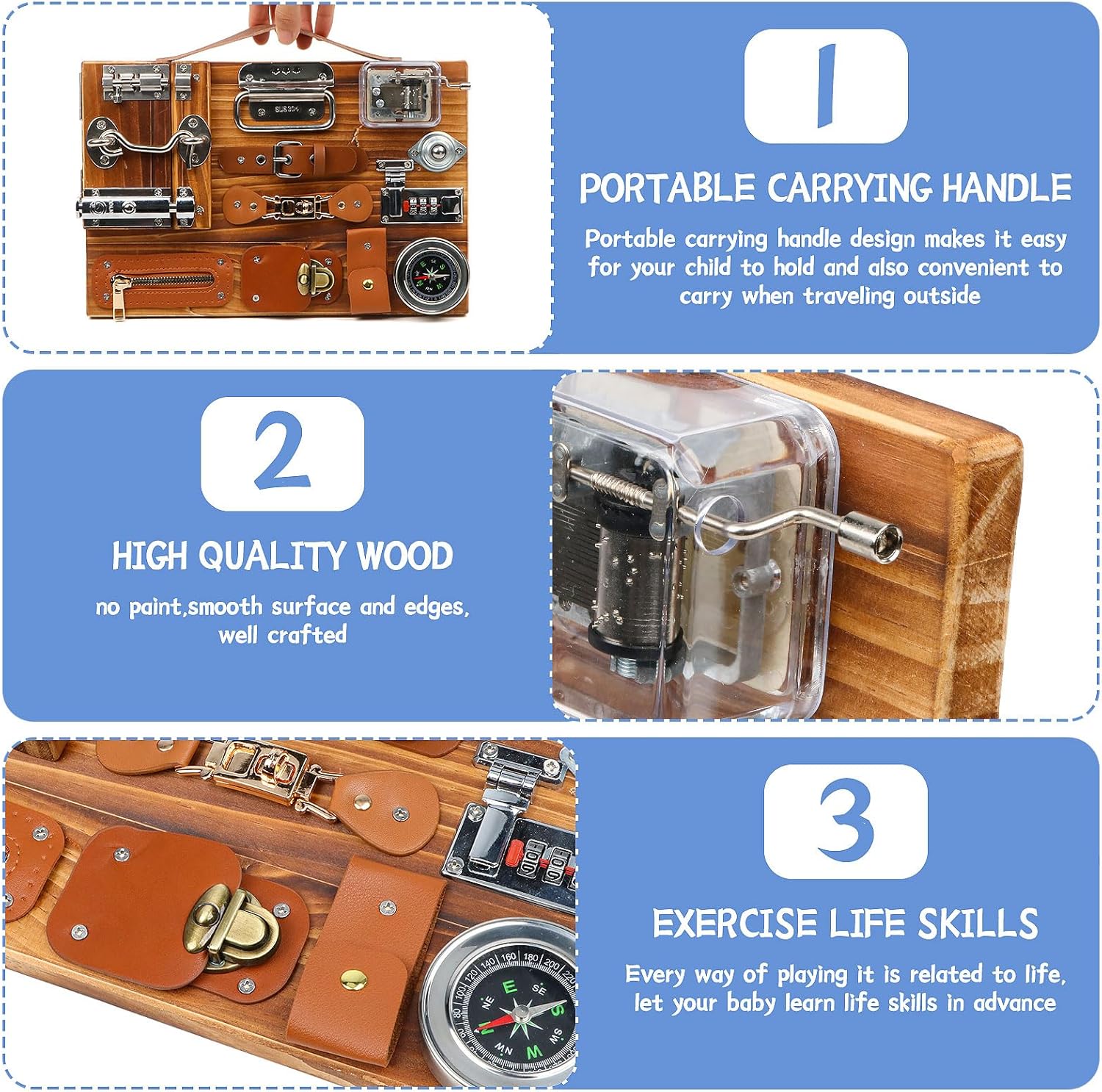 Busy Board for Toddlers, Travel Toy Fidget Board Activity Board for Fine Motor Skills, Wooden Busy Board Toys for 3 Years Old Boys & Girls with Switch, Locks, Music Box... - Image 6