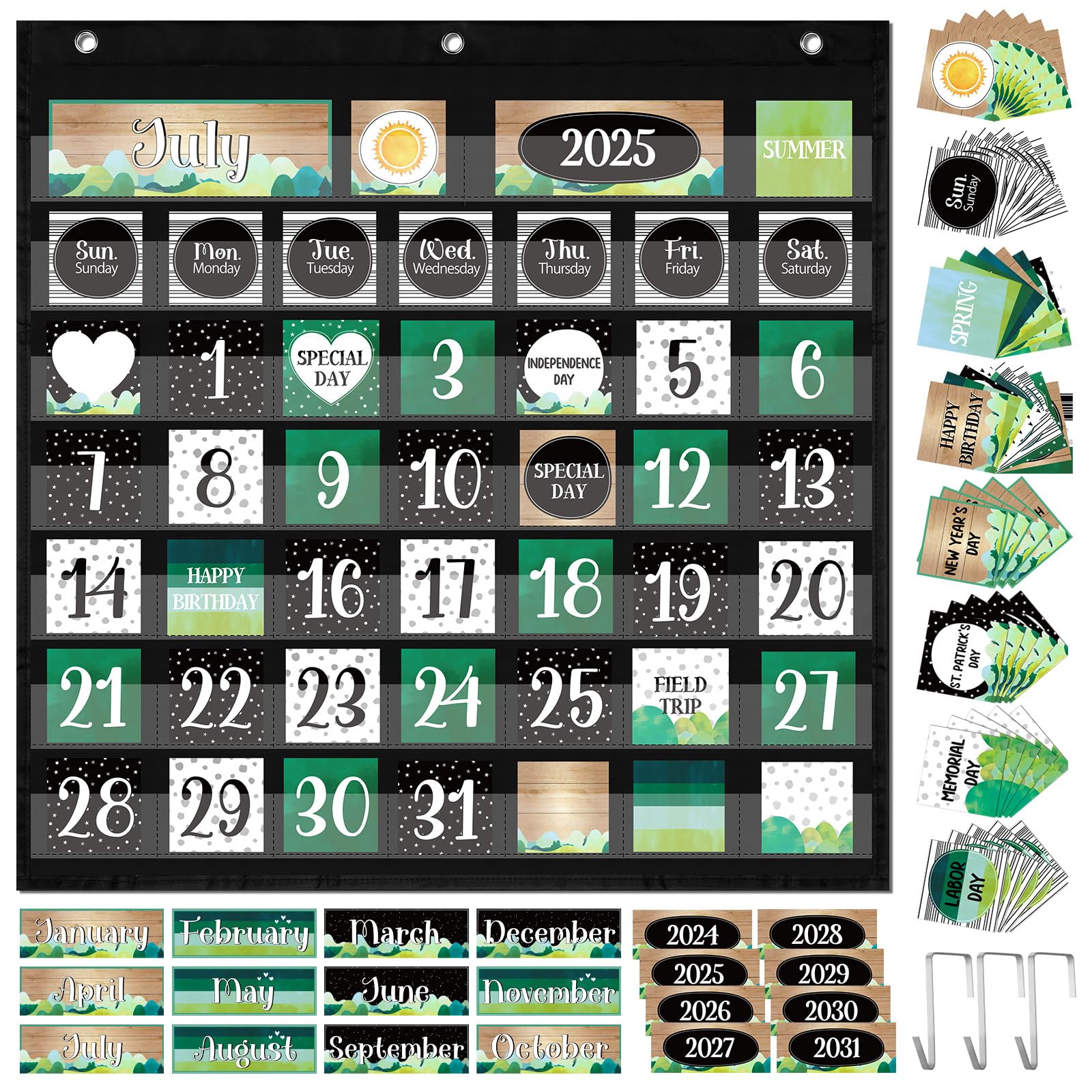 Bulyoou 119 Pcs Classroom Calendar Pocket Chart Black Monthly Bulletin Board Set Seasons Festival Weather Farmhouse Calendar Set for Classroom