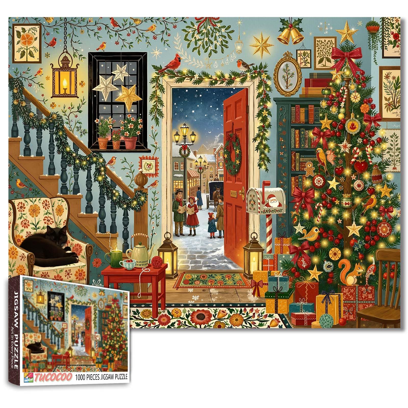 Cozy Christmas Living Room Jigsaw Puzzles for Adults 1000 Pieces Christmas Tree Decorations Red Front Door Snow Scene Storybook Art Holiday Gifts 19.7 x 27.6 Inch โ image 1