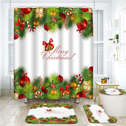 Miniatura 1 de ArtSocket Juego de baño rústico de Navidad con cortina de ducha y alfombras y accesorios, juego de cortinas de ducha desgastadas estilo casa de