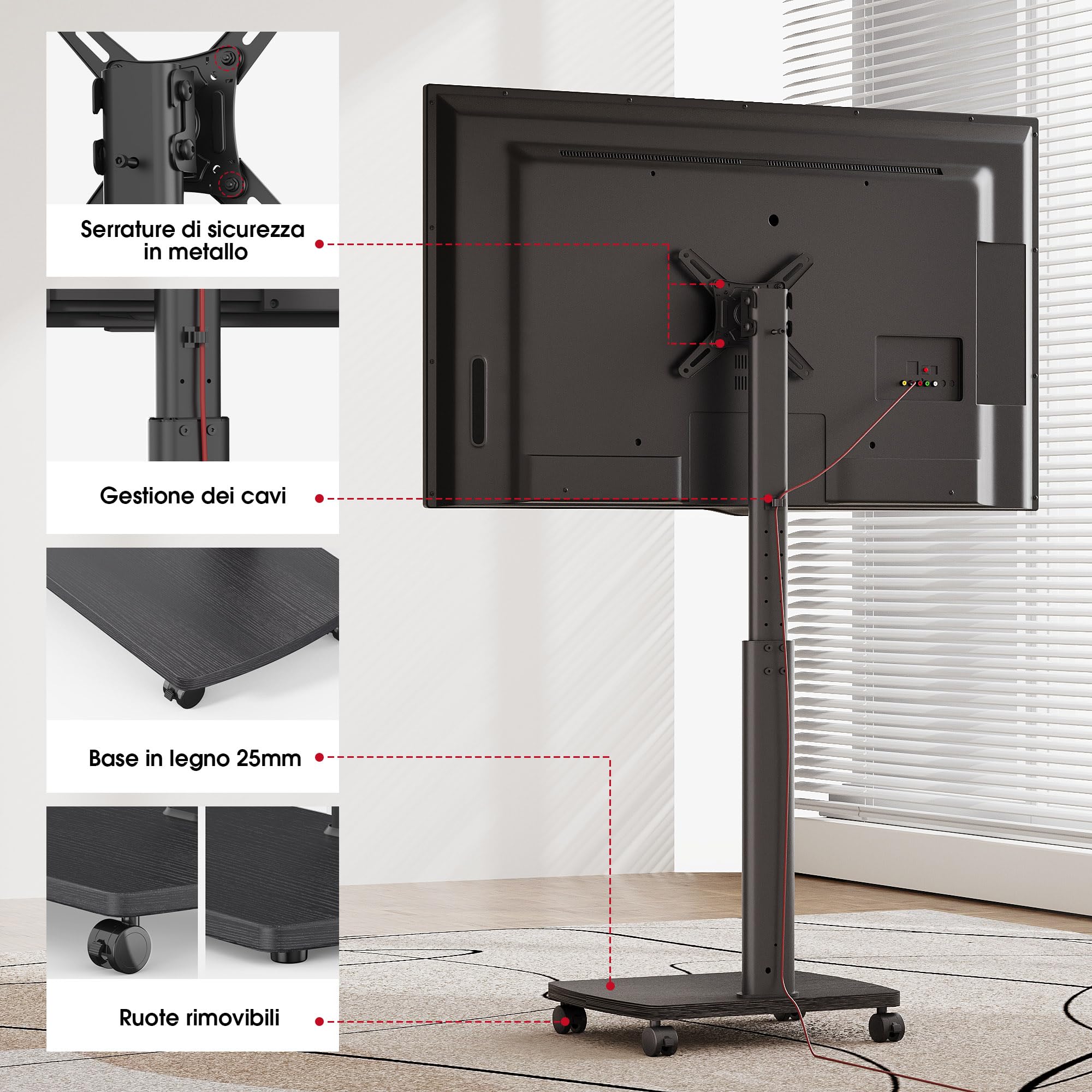 AOKCOS Supporto TV da Pavimento Orizzontale e Verticale per 19-42 Pollici, Carrello Porta TV con Ruote Base in Legno, Inclinazione & Girevole, fino a 20 kg max. VESA 200×200 mm Nero