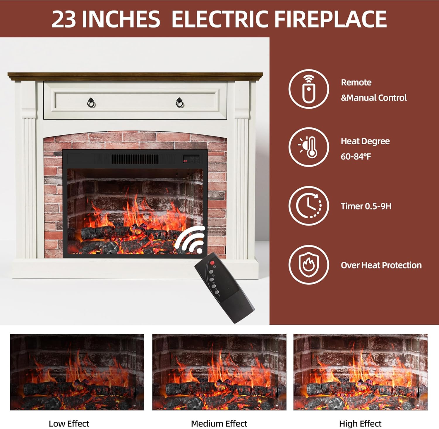 AHB Corner TV Stand with Remote Control, Electric Fireplace with Wooden Mantel, Entertainment Center with Efficient Heating System, Adjustable Brightness Realistic Flame(White)