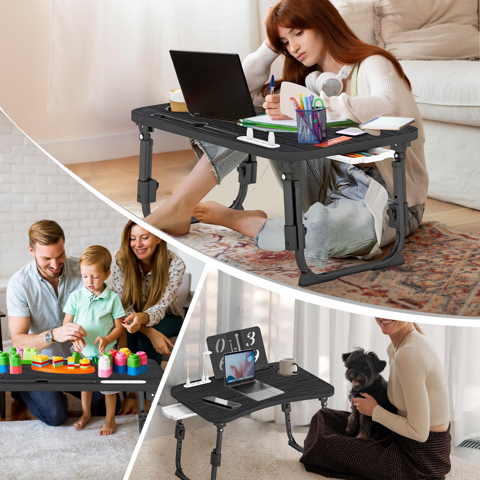 Lap Desk for Bed Adjustable Height, Foldable Bed Table with Storage Drawer, Tablet Slot & Cup Holder, Portable Laptop Stand for Bed & Sofa, Bed Desk for Adults & Kids, Black
