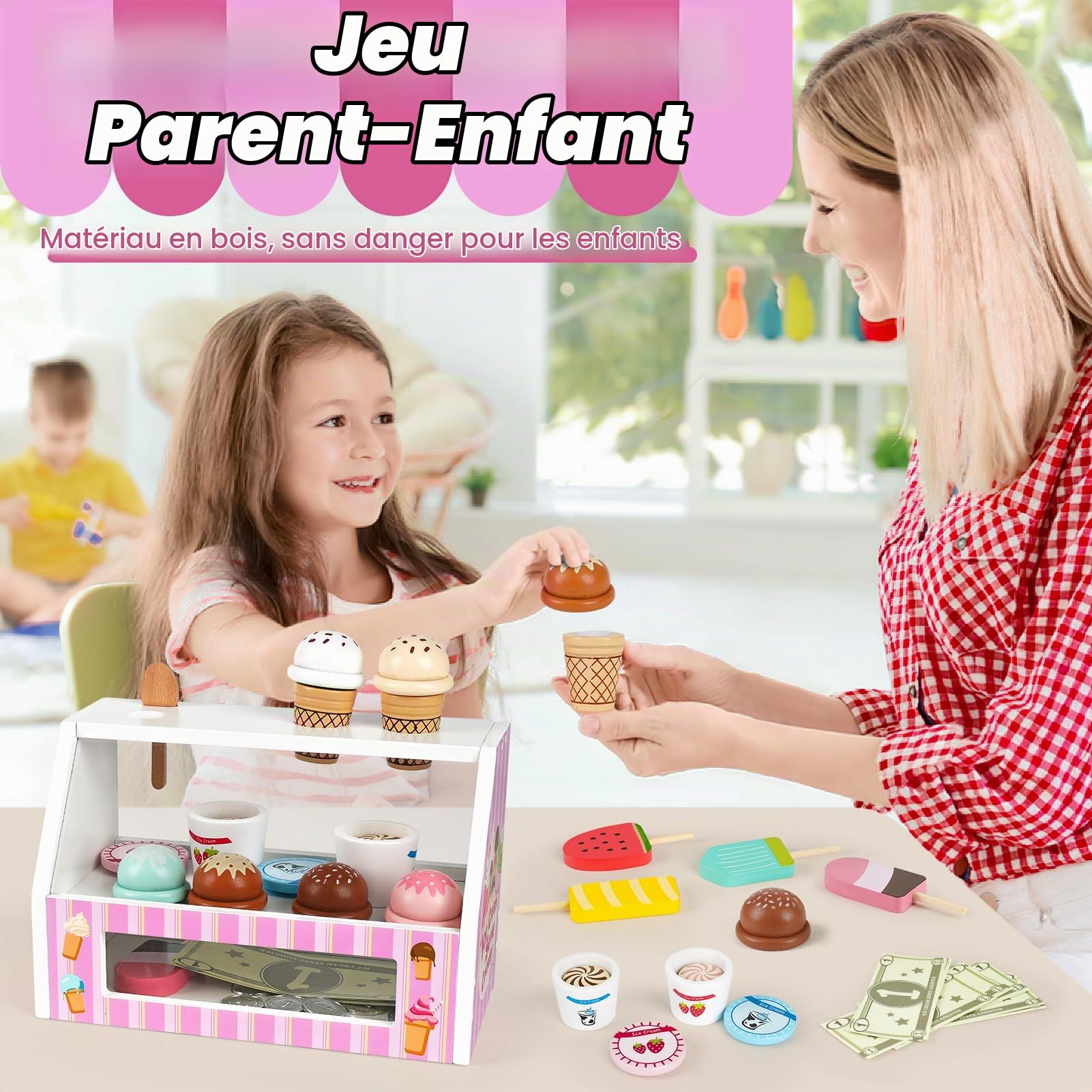 Dreamon Marchand de Glace, 38 Pièces Jouet en Bois Jouet Enfant 3 Ans, Jeu de Role Magasin Enfant Jouet Montessori Jouet Fille 3-12 Ans