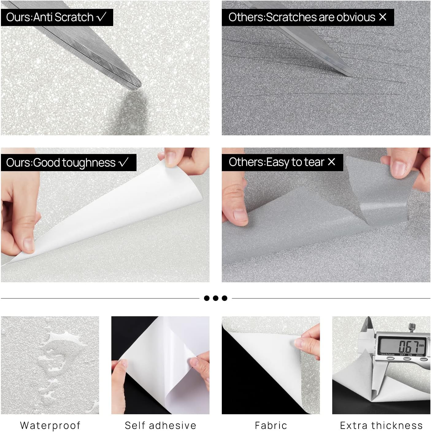 FunStick 15.8"x472" Pearl White Glitter Peel and Stick Wallpaper White Glitter Contact Paper Peel and Stick Removable Wall Paper for Bedroom Bathroom Accent Wall Cabinets Drawers Furniture Waterproof