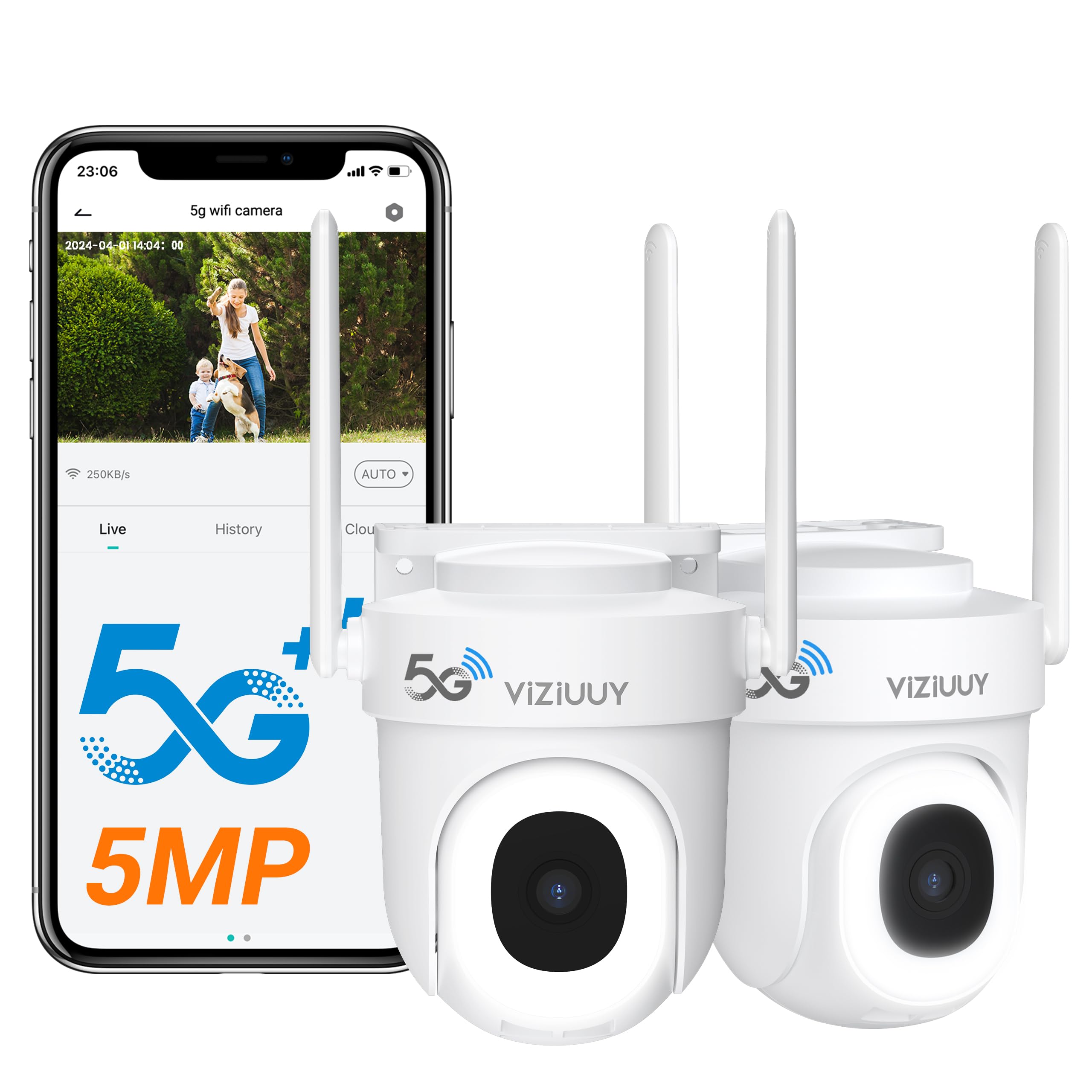 VIZIUUY 5MP Camera Surveillance Exterieur,5g Outdoor Security Camera with 360°PTZ Motion Tracking,24/7 Recording Cameras for Home Security,2-Way Audio, Color Night Vision,Plug-in Cable (2 Pack)