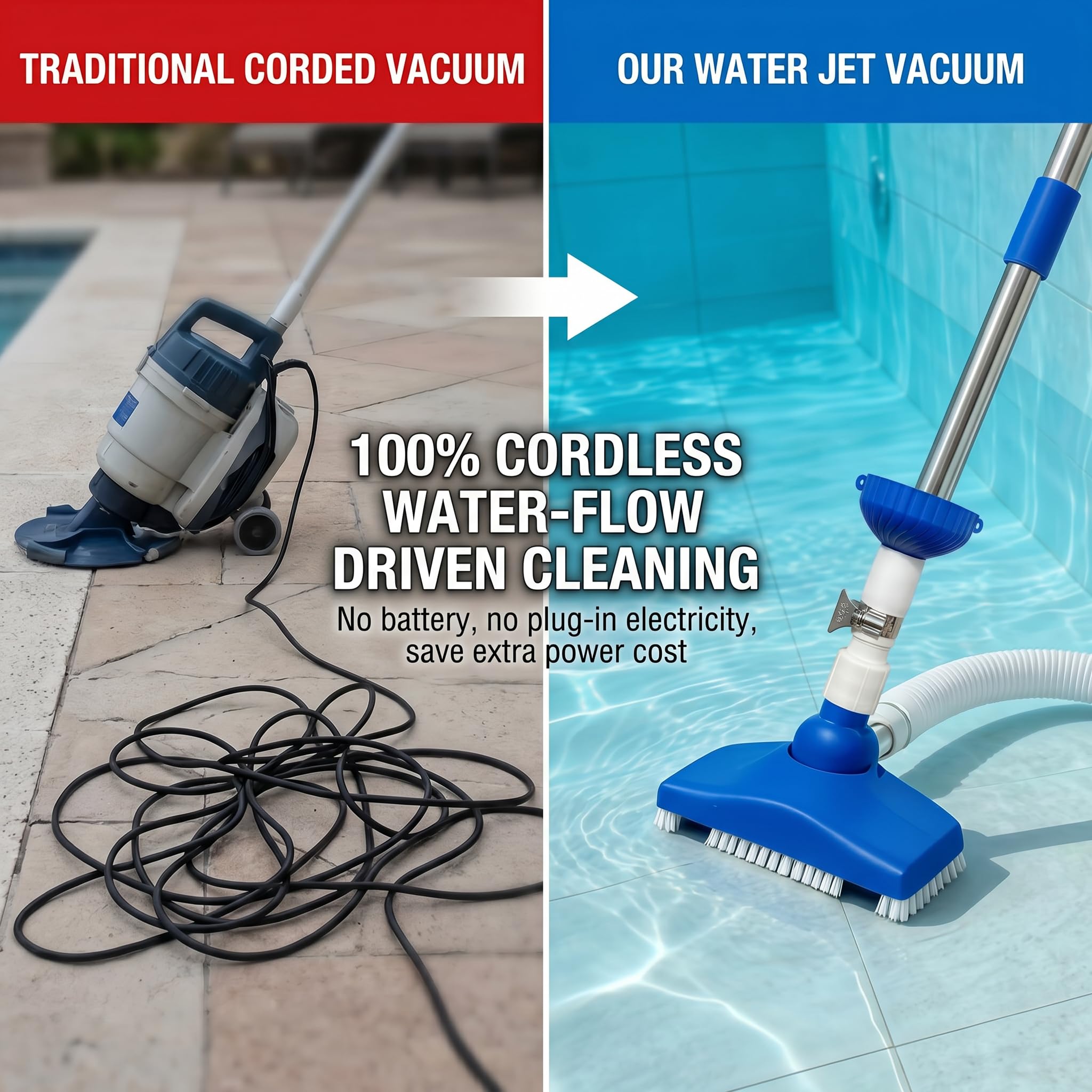 Aspirapolvere Piscina：Spazzola Automatica Senza Fili con Asta Estensibile in Acciaio Inox, Kit Pulizia Portatile per Piscine Fuori Terra, Interrate, Vasche Idromassaggio e Spa (Grigio)