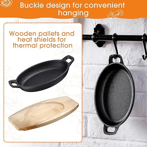 Miniatura 3 de Mifoci Juego de 4 mini sartenes ovaladas de hierro fundido con base de madera de 8 onzas, mini fajitas de hierro fundido, sartenes pequeñas negras