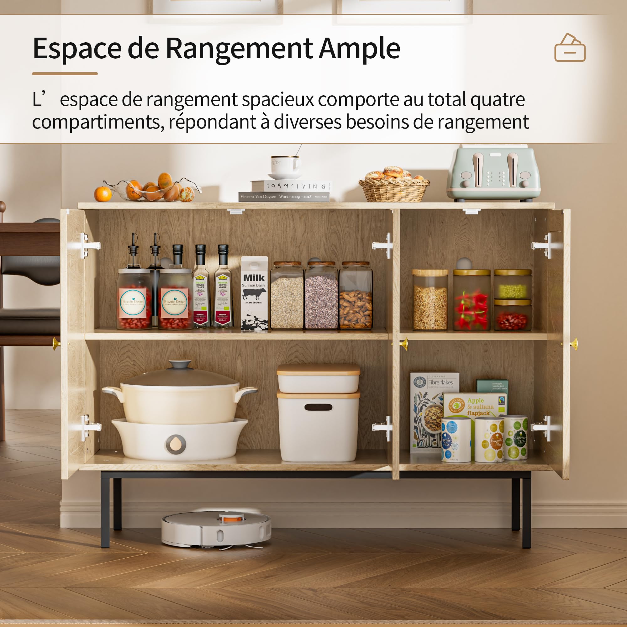 BonVache Buffet en rotin, Armoire de Cuisine avec 3 Portes, Commode avec étagères réglables, Buffet de Salle à Manger, Armoire de Rangement pour Cuisine, Salle à Manger, Salon