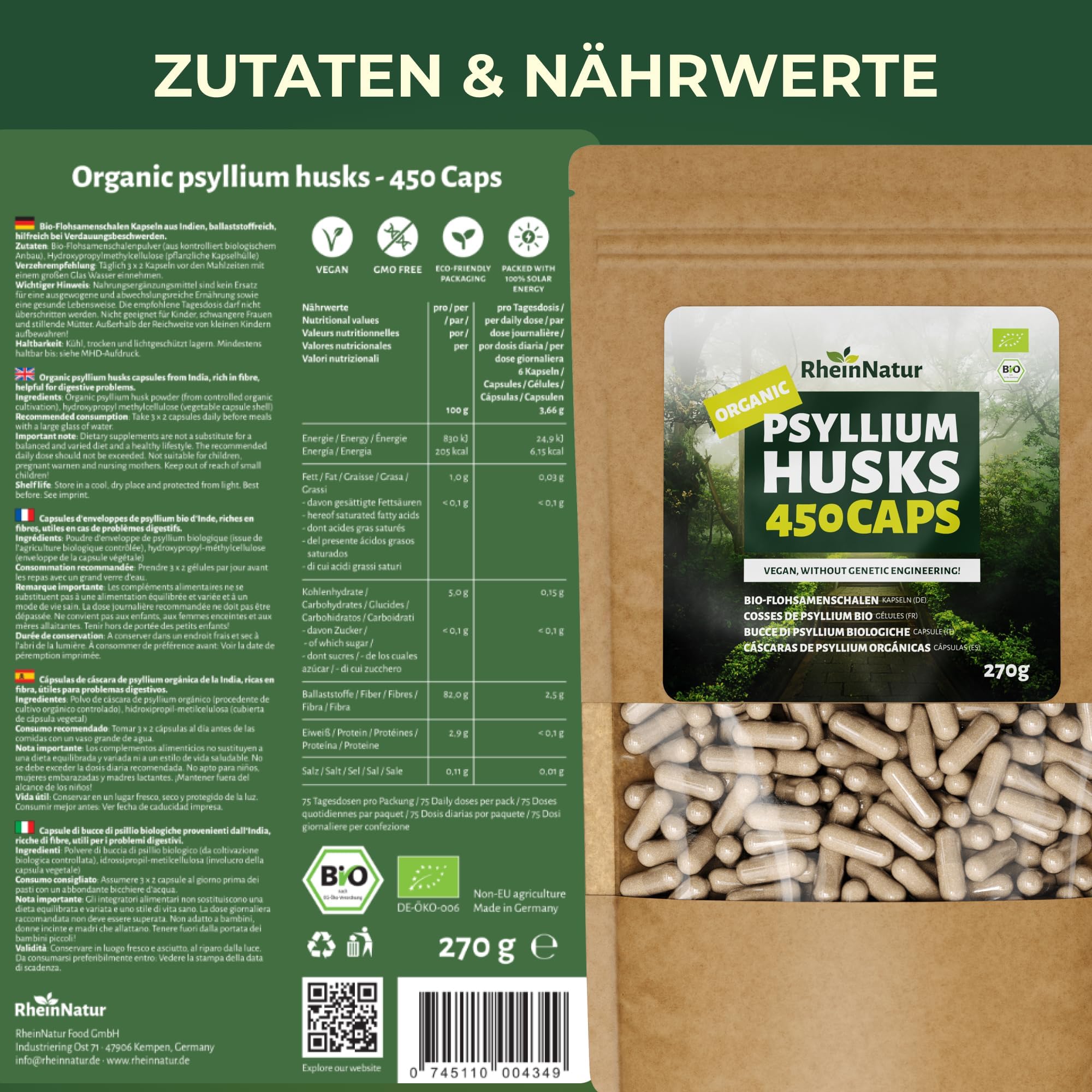 RheinNatur Bio Flohsamenschalen Kapseln - 450 Stk hochdosiert (3.000 mg je Portion) - Hergestellt in DE - Psyllium Husk Ballaststoffe – Flohsamen Kapseln