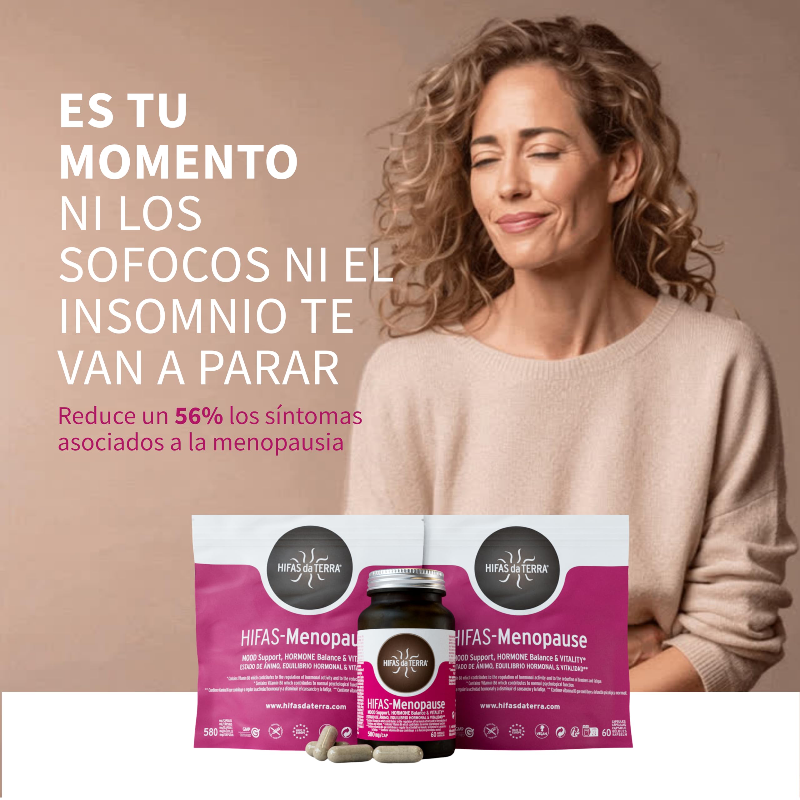 HIFAS DA TERRA - HIFAS-Menopause Suplemento para Menopausia con Extractos Puros de Reishi, Melena de León, Cordyceps y Ashwagandha (Refill: 60 cápsulas)