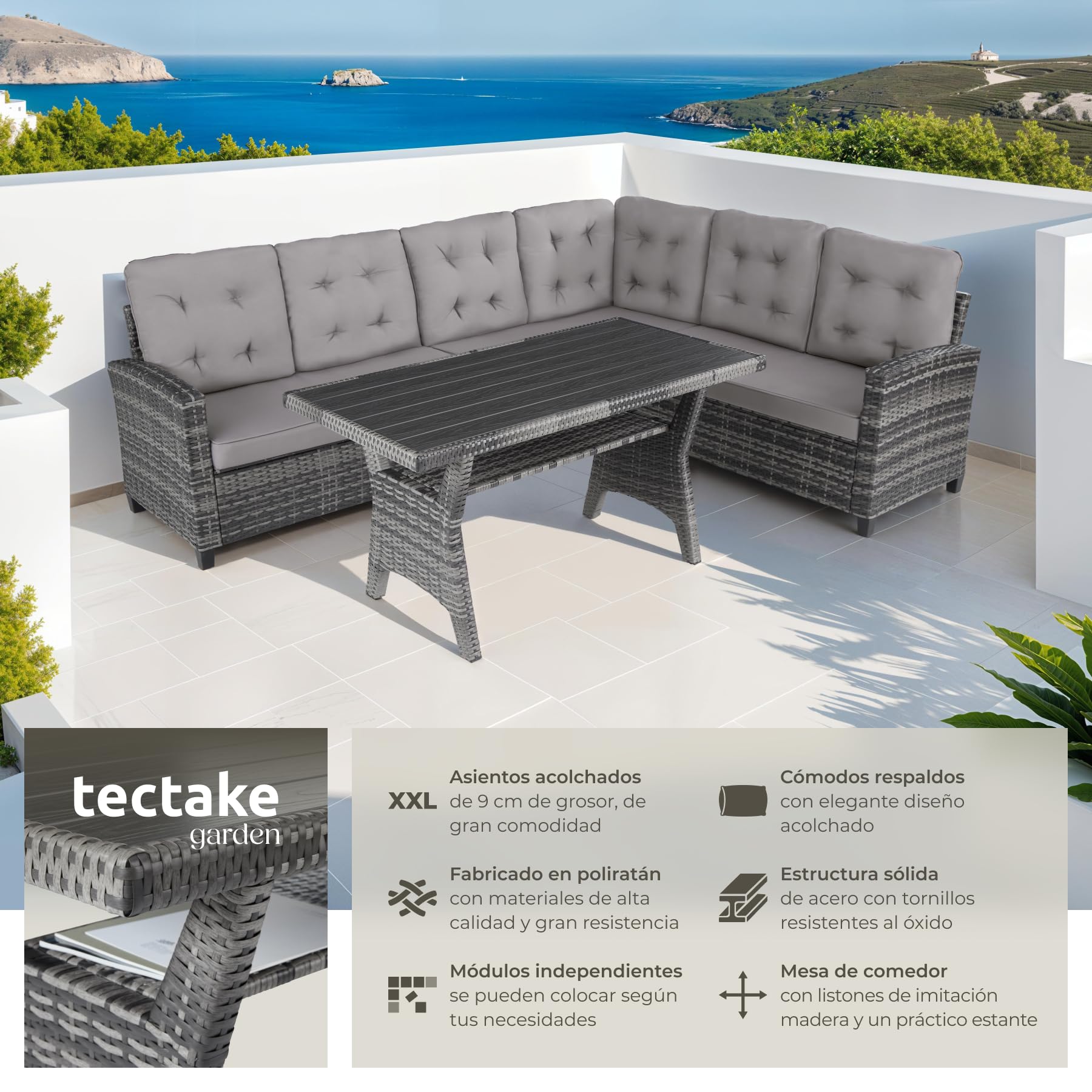 TecTake® Conjunto Jardín de Ratán Combinable con Cojines 9 cm, Conjunto Terraza Resistente a la Intemperie, Muebles Jardín Exterior 2 Sofás, 1 Sofá Esquinero, 1 Mesa con Pies Ajustables - Gris