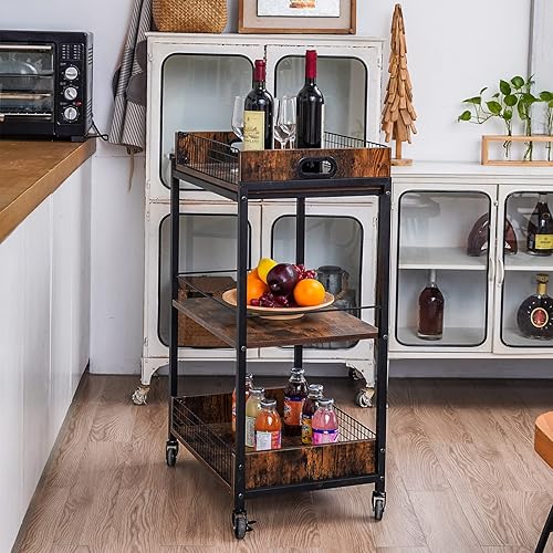 Miniatura 9 de X-cosrack Carrito de bar, carritos de cocina con ruedas para el hogar, carrito de almacenamiento con ruedas y asa, gabinete de licor de estilo