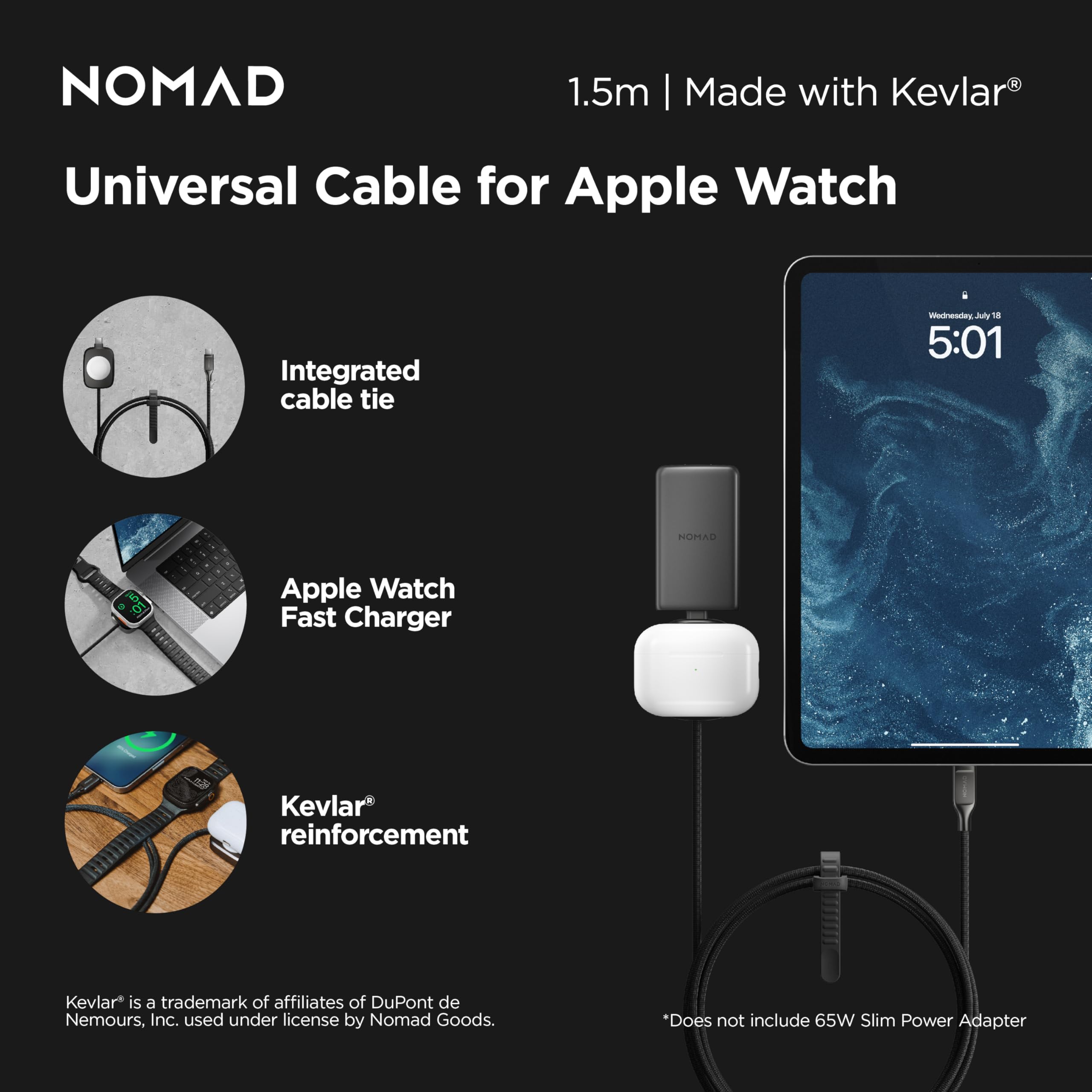 NOMAD Cavo di ricarica USB C per Apple Watch, 1,5 m, in carburo 2 in 1, cavo di ricarica USB C da 100 W per Apple Watch, AirPods e iPhone, cavi di ricarica universali di tipo C