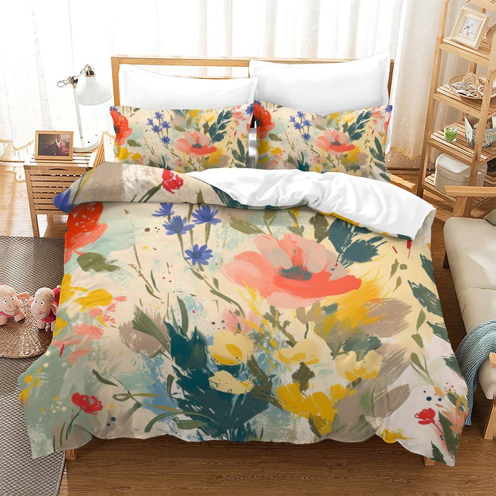 Housse de couette 3 pièces aquarelle fleurs king 220x240 cm