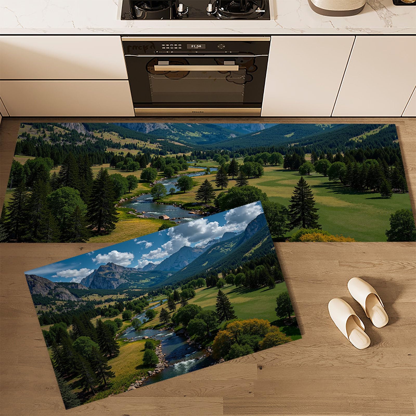 Tapis Cuisine Antiderapant Lavable Lot De 2 Parc Forestier Naturel, Tapis Anti-Fatigue Design Paysage Montagne Vert Foncé pour Couloir Salle À Manger Entrée