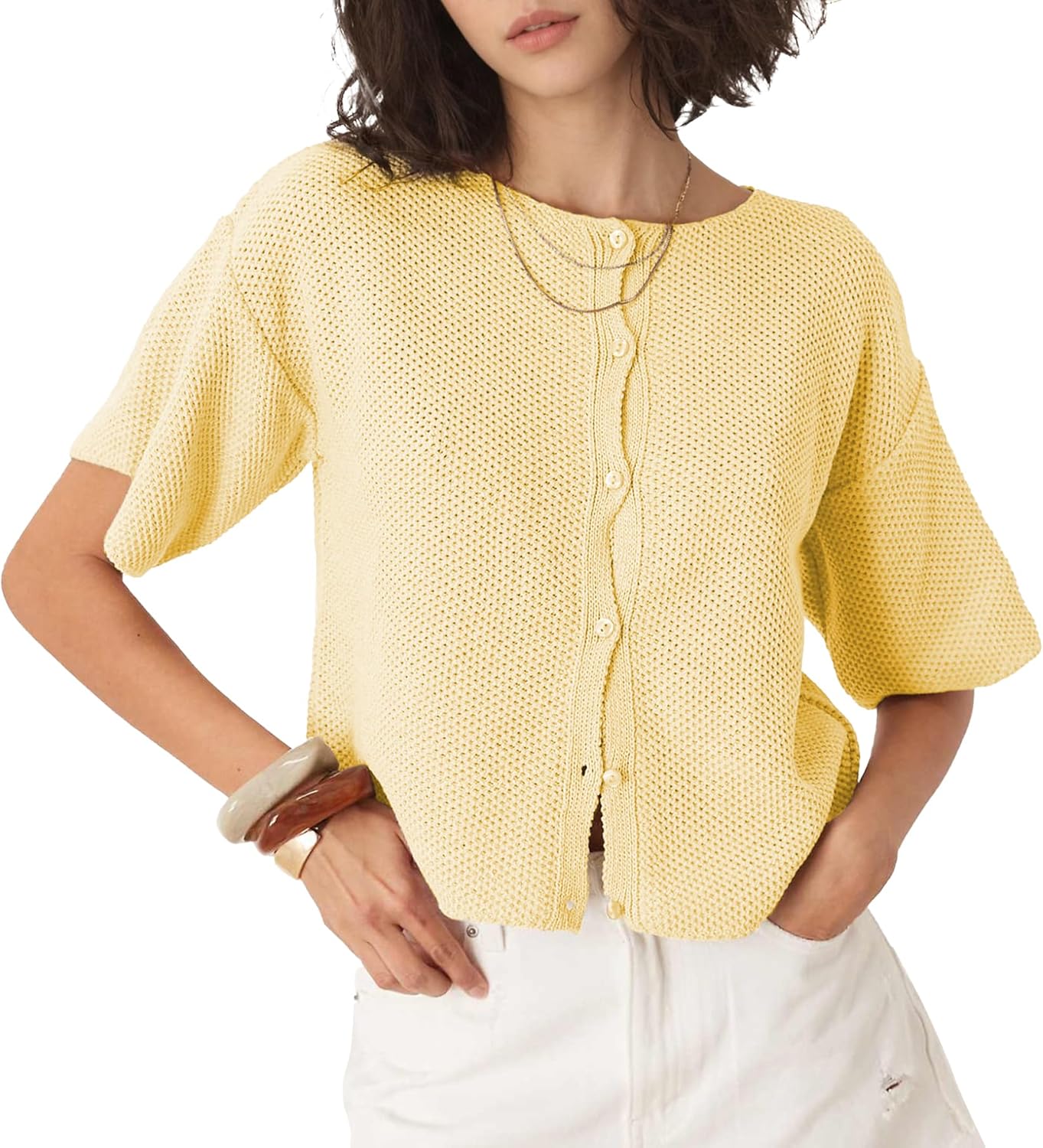 Ainangua Womens Casual Cardigan Summer Short Sleeve Crew Neck Button Down Knit Sweater Tops Lightweight Travel Outfits(Yellow,L)