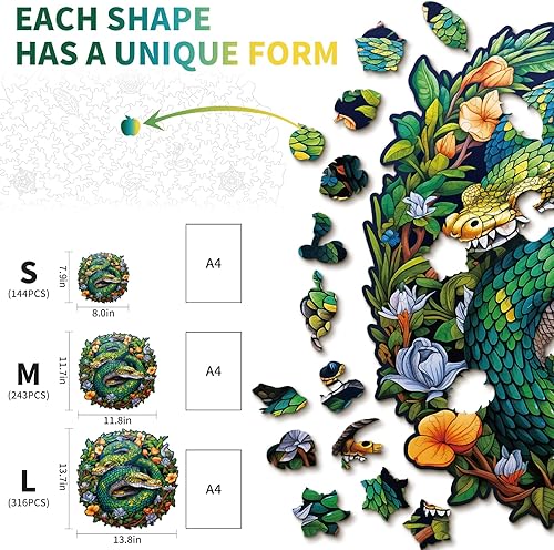 Miniatura 2 de Blumuze Rompecabezas de madera, rompecabezas de familia de serpientes, 11.8 x 11.7 pulgadas, 243 piezas, rompecabezas único en forma de animal,