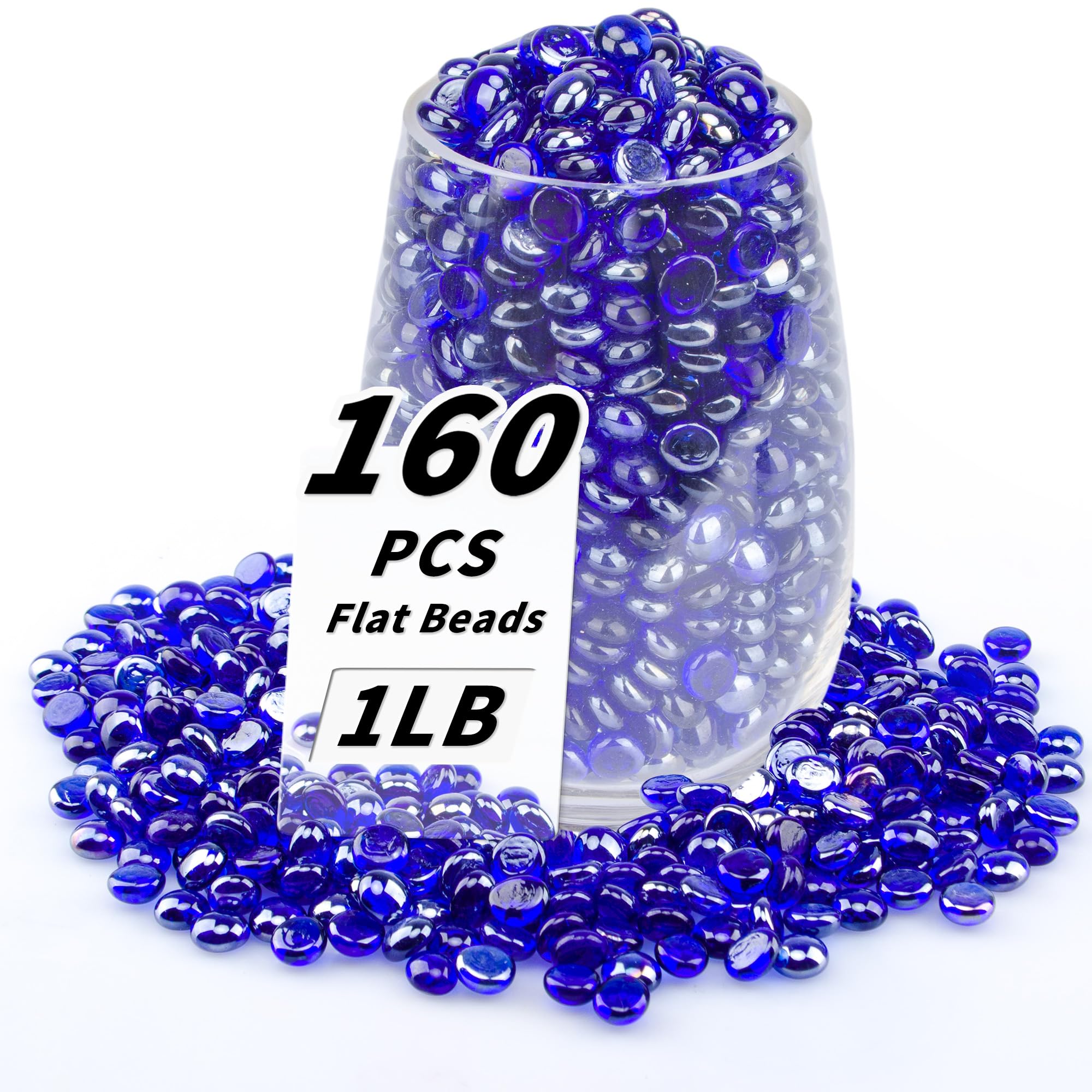 1 LB Blue Flat Glass Beads, 160-180PCS Small Glass Marbles