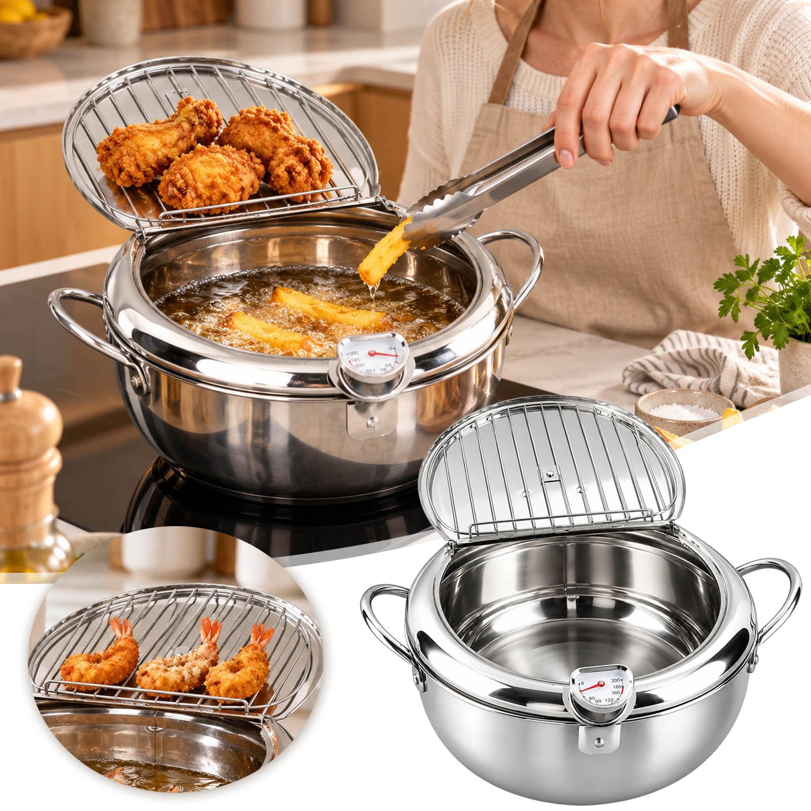 Japanische Tempura Fritteuse Topf Mit Thermometer und Deckel，Silber-S