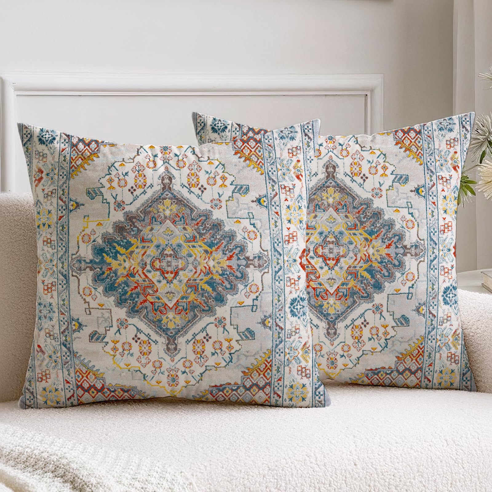 Vorysum Cushion Covers 45x45 cm Pack of 2 Short Plush Soft Decorative Cushion Covers 18"x18" White Modern Boho Decorative Retro Throw Pillow Covers for Sofa Living Room Outdoor Garden