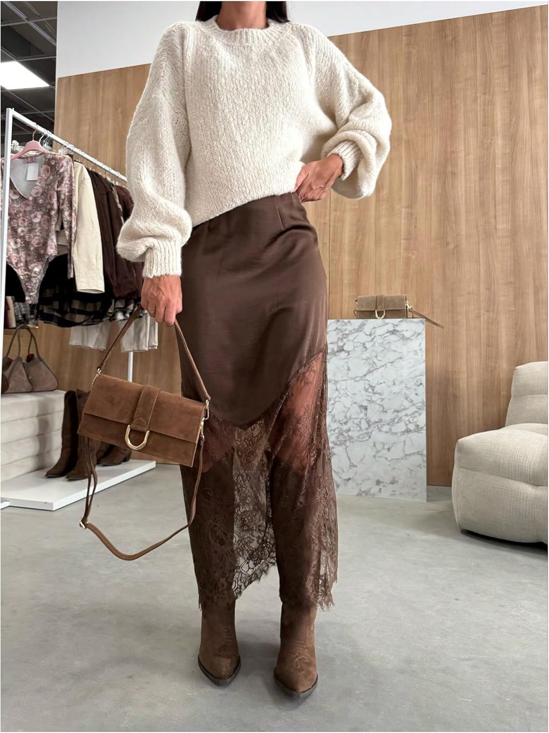 GORGLITTER Women's Plus Size Lace Skirt Patchwork Sheer Mesh High Waist Boho Western A-Line Going Out Party Maxi Skirts