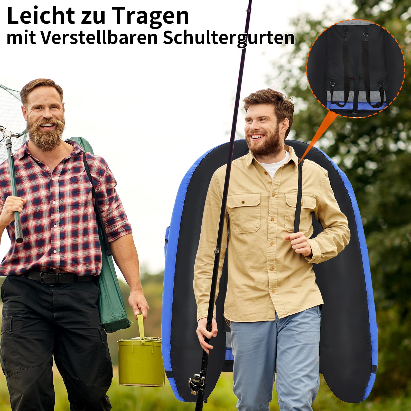 Professional Schlauchboot, Bellyboot zum Raubfischangeln, 160 kg Tragfähigkeit Angelboot -inkl. Pumpe, Verstellbare Rucksackgurte, Aufbewahrungstaschen, Fischlineal（Blau）