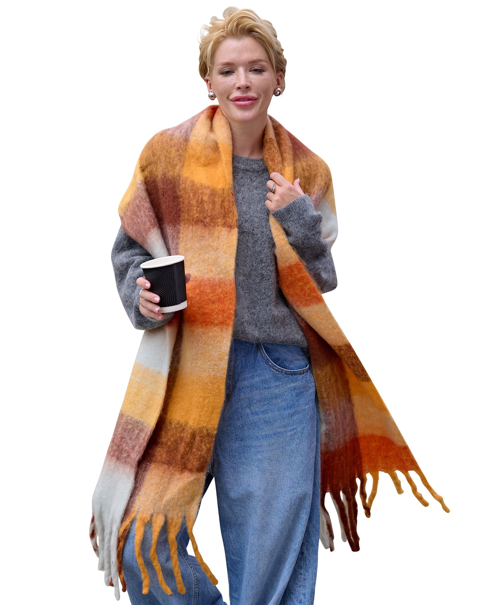 Style Slice Women's Orange And Beige Plaid Tartan Scarf Thick Warm Blanket Scarves, Plaid Check Long Large Oversized Soft Shawl And Wrap Christmas Gifts For