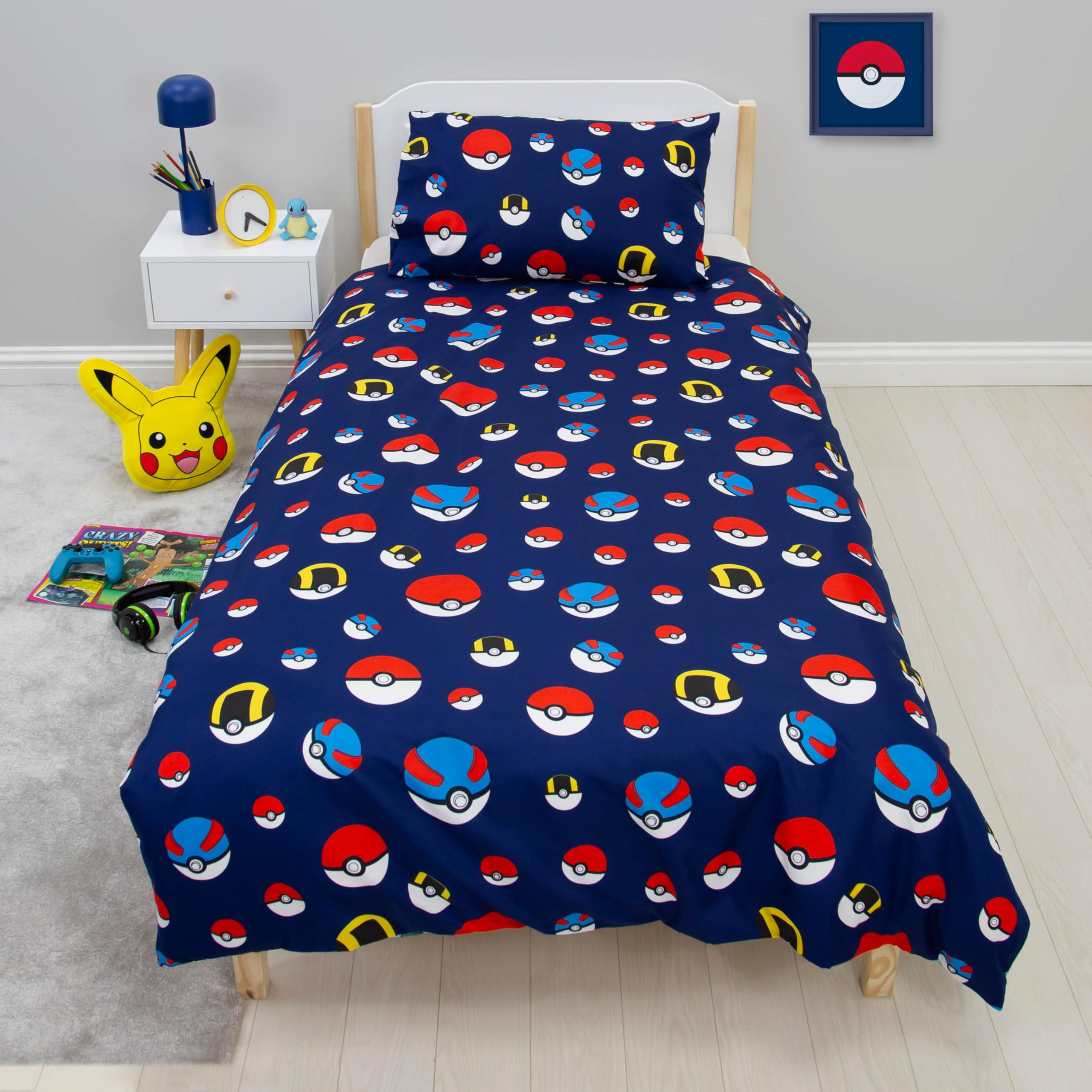Set copripiumino singolo per bambini, con licenza ufficiale, motivo Pikachu, Bulbasaur, Charmander, Squirtle, reversibile, 2 lati, con federa coordinata, set per letto singolo per bambini