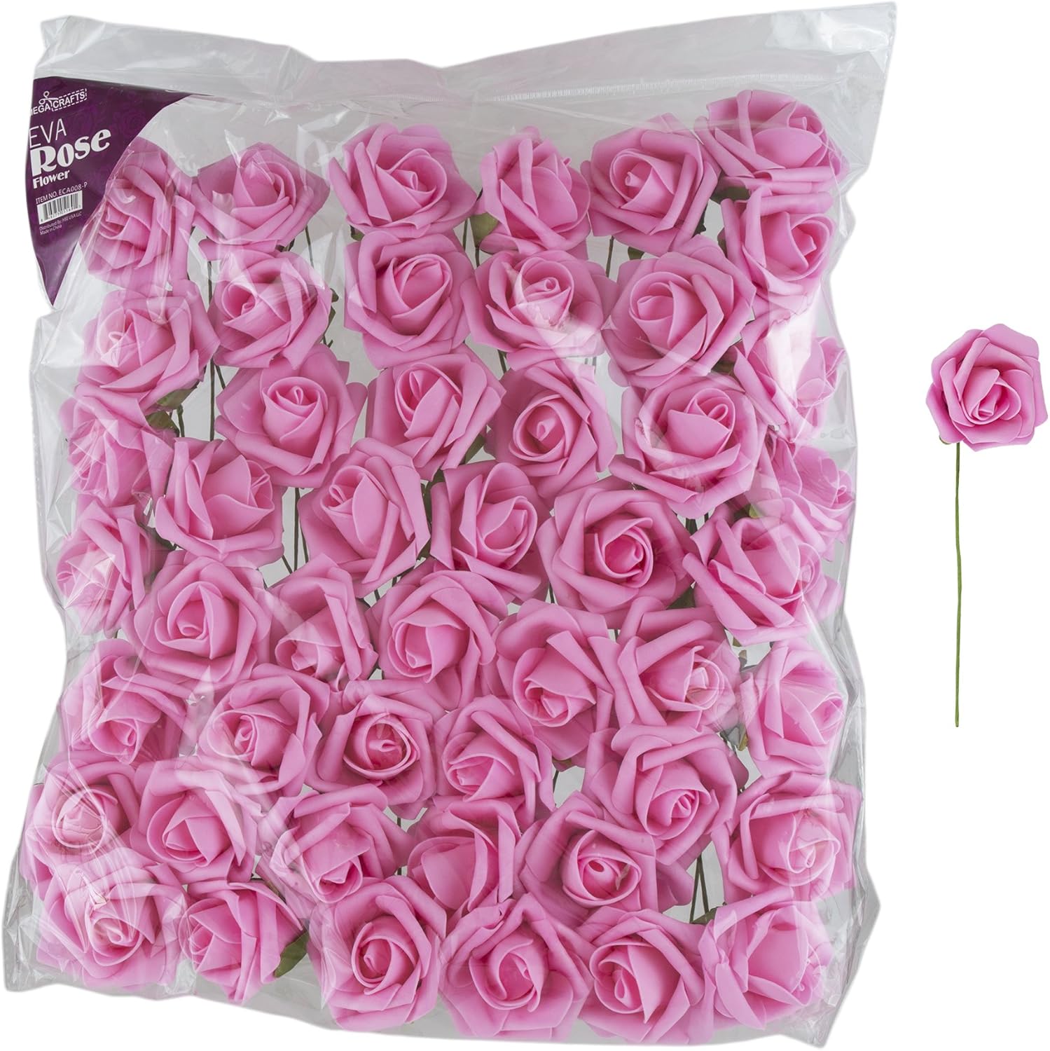 Mega Crafts 48 pcs 3 Inch Soft Touch Artificial Foam EVA Pink Color Rose Flowers with Stem, Solid Color Simulation, Crafting, Wedding, Wall Backdrop, Centerpieces, Home & Party Decoration