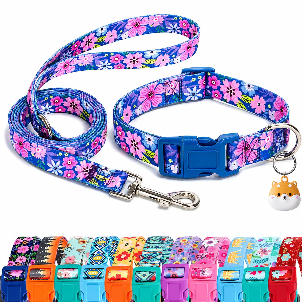 SLZZ Floral Matching Dog Collar and Leash Set with AirTag Holder, Dark Flower, XS