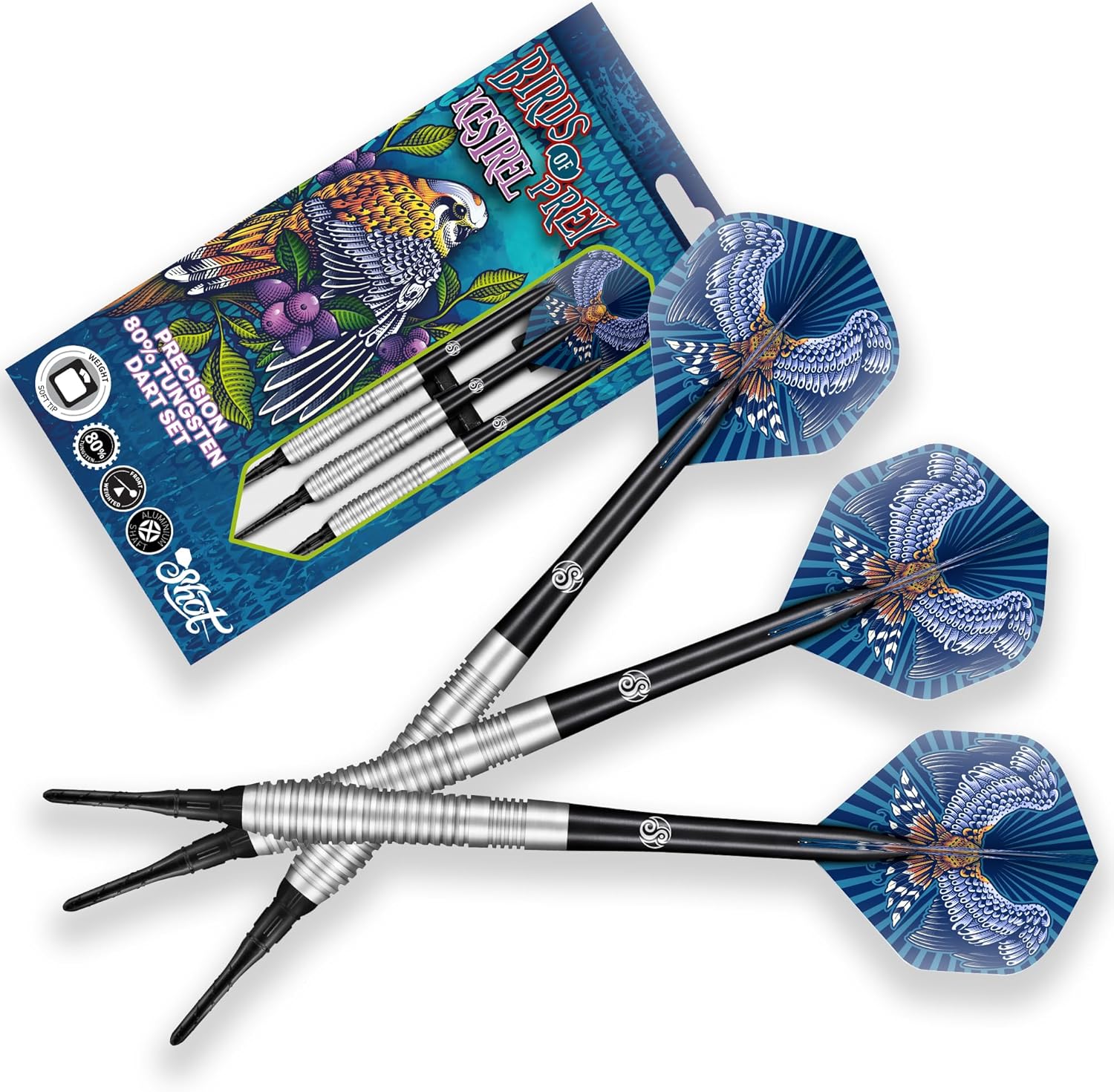 Shot! Darts Birds of Prey Kestrel Soft Tip Dart Set (18g) | 90% Tungsten Barrel | Handcrafted Professional Darts with Flights | Plastic Tip for Electronic Dartboard | Bar Darts | Made in New Zealand