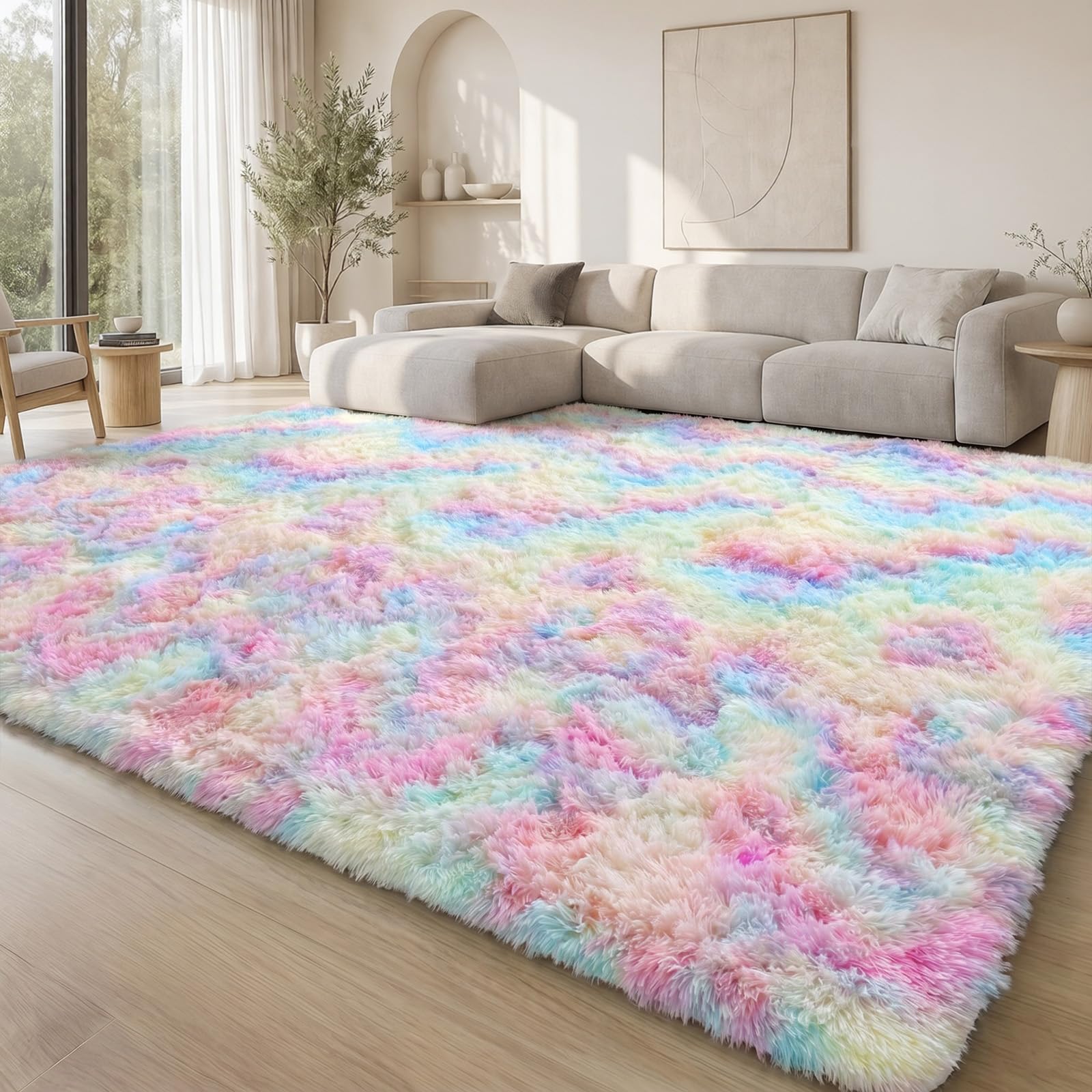 Homaxy Fluffy Shaggy Modern Rug, Anti-slip Washable Large Carpet, Thick Pile Bedside Rugs for Living room, Kids Bedroom, Nursery - Rainbow, 240 x 340 cm