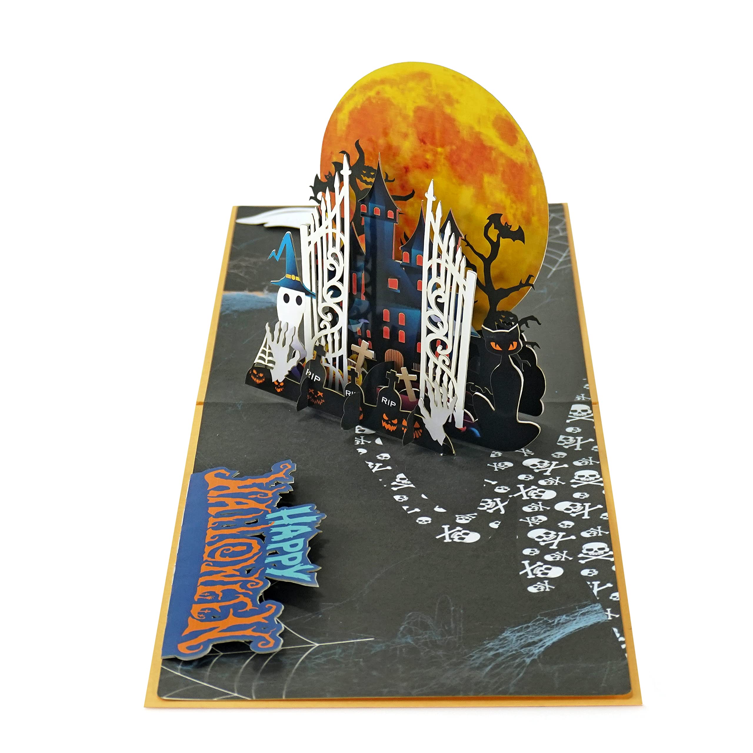 Carte Pop-up Halloween Crâne 3D - Carte Découpée Noire Et Rose, Format 15x20 Cm Plié